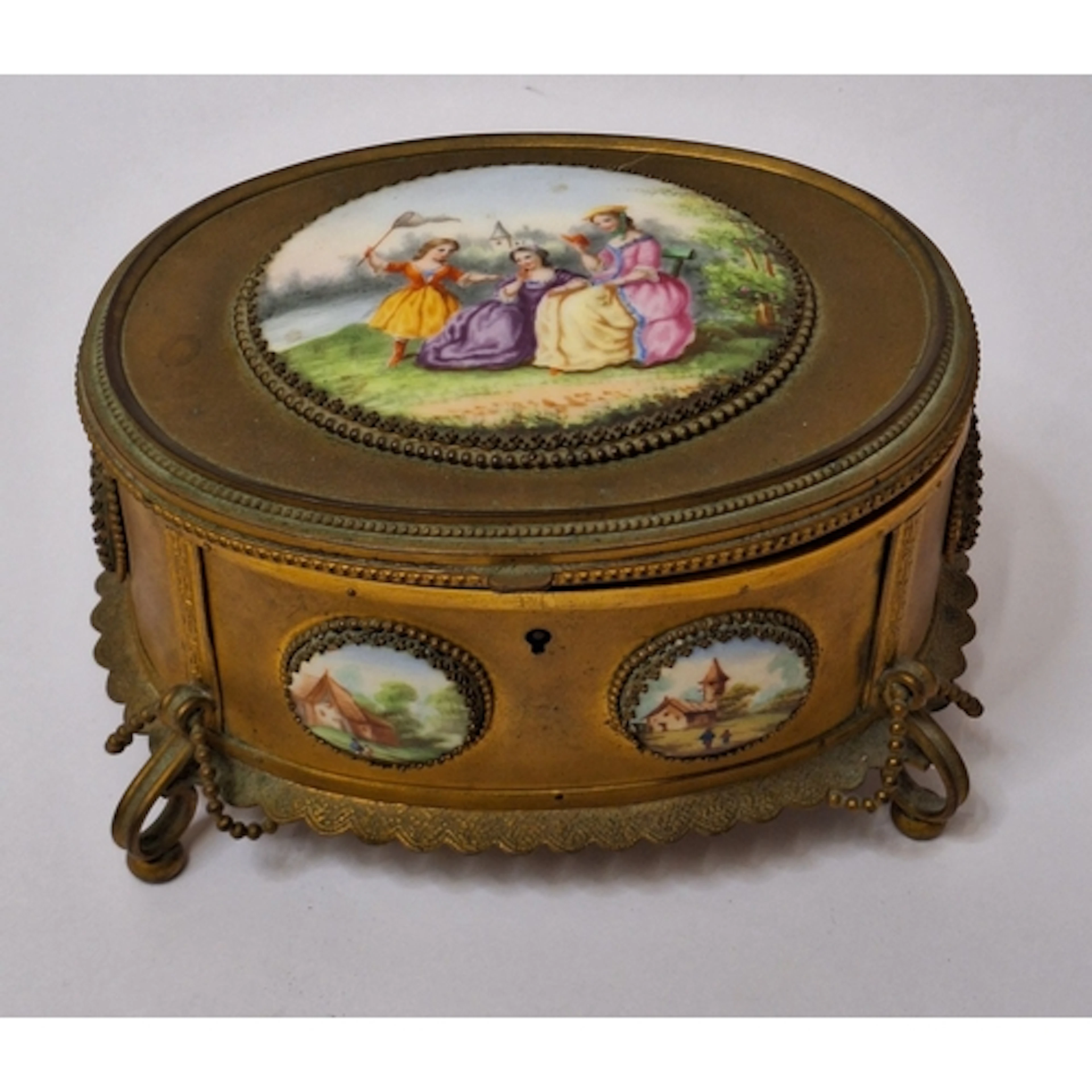 Antique French Gilded Jewel Casket on 4 scroll feet with bea...