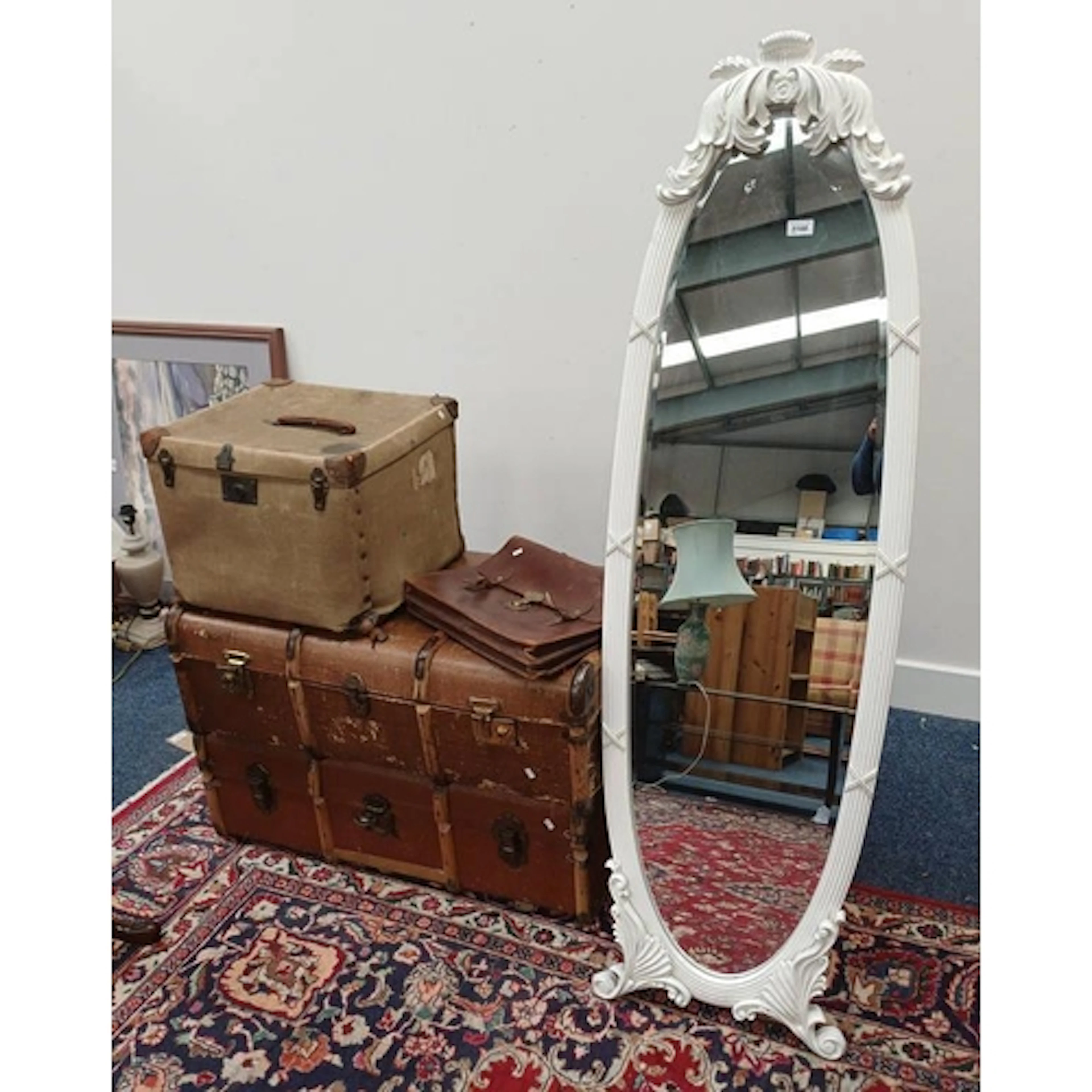 PAINTED FREE STANDING OVAL MIRROR, 2 WOOD BOUND TRAVEL TRUNK...
