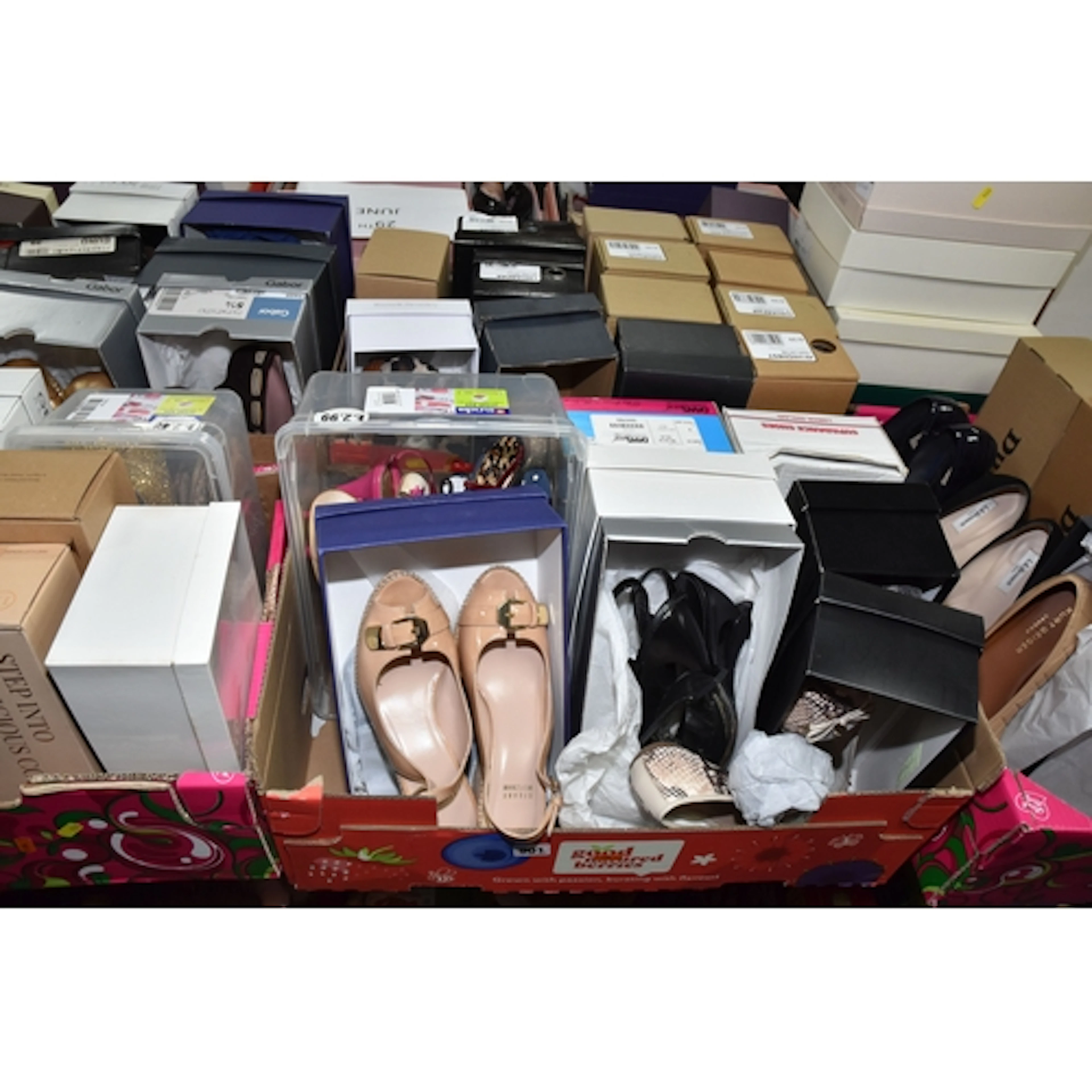 FIVE BOXES AND LOOSE LADIES' SHOES, over forty pairs in diff...
