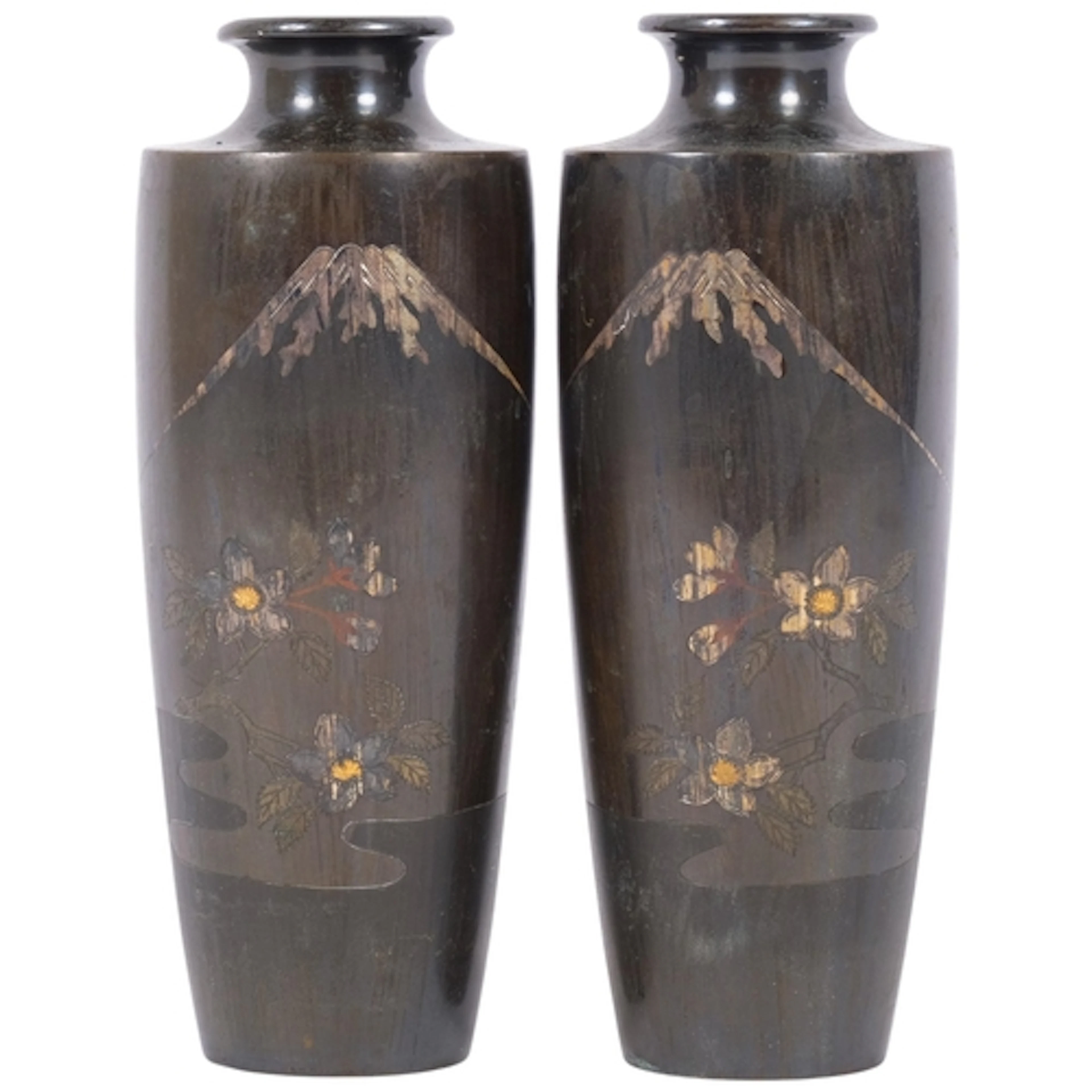 A pair of Japanese patinated bronze vases, with Mount Fuji v...