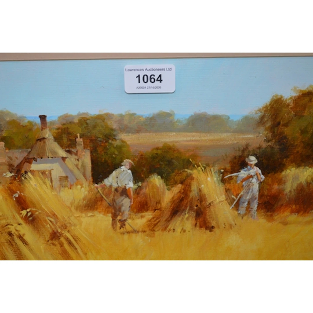 John Haskins, oil on board, figures and haystacks before a t...