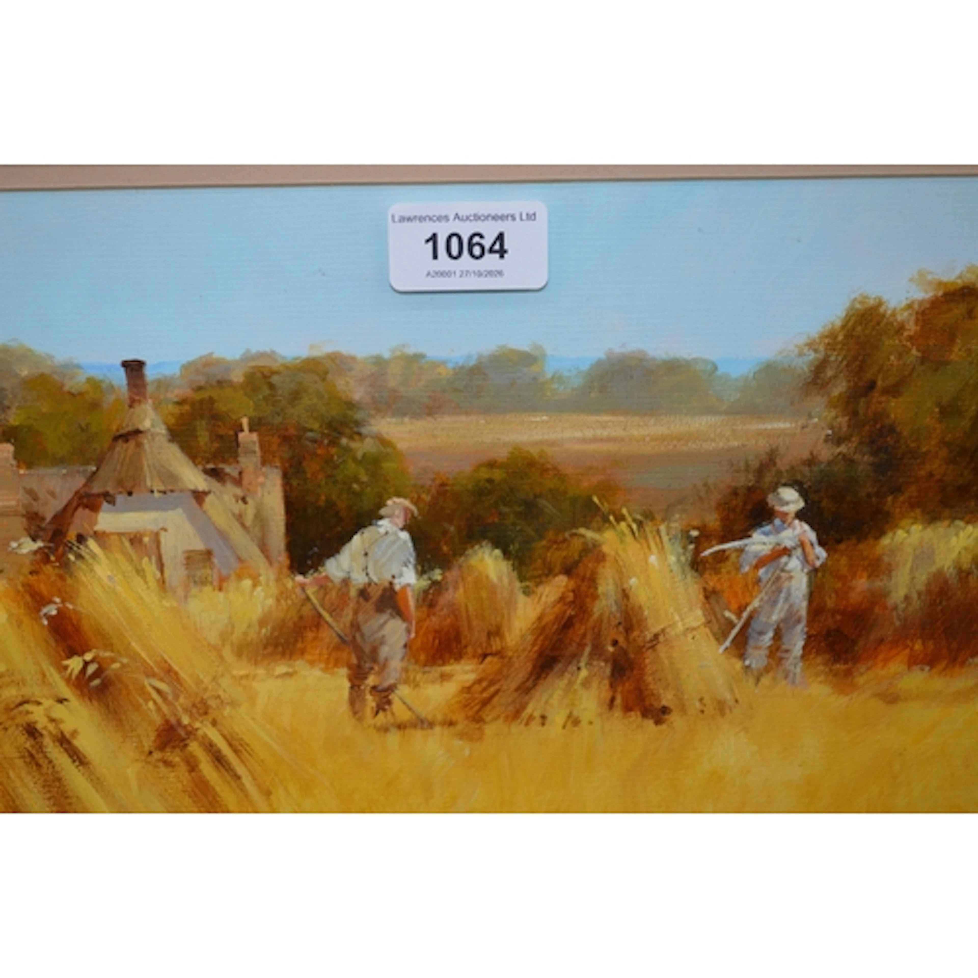 John Haskins, oil on board, figures and haystacks before a t...