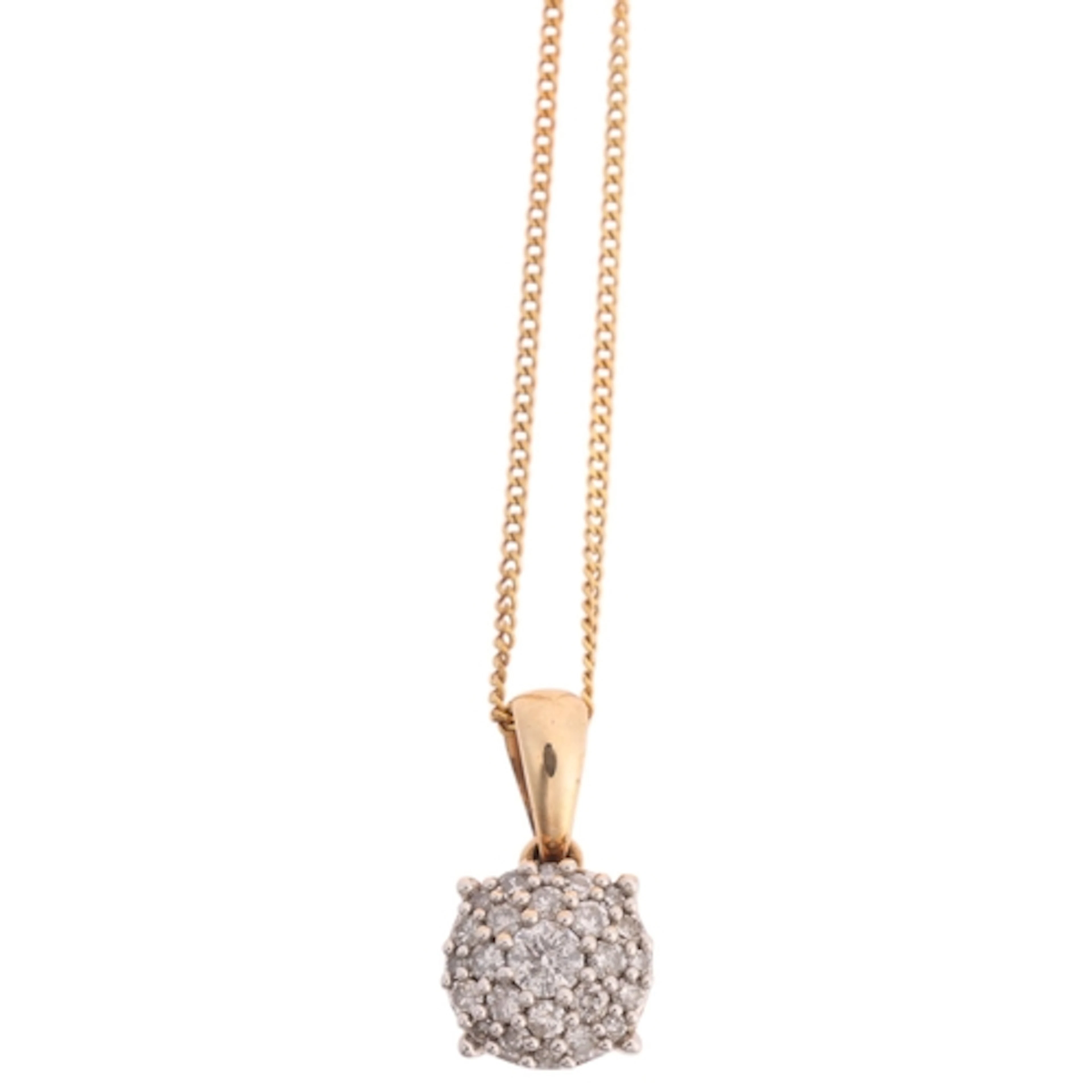 A 9ct two-colour gold diamond cluster pendant necklace, pave...