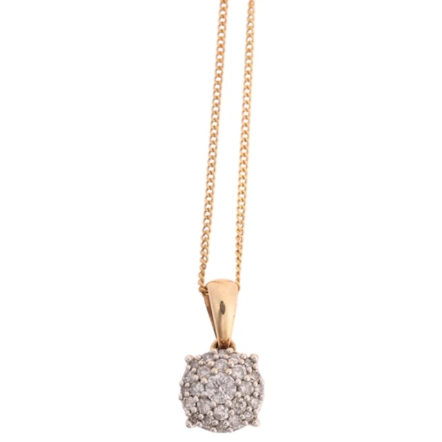 A 9ct two-colour gold diamond cluster pendant necklace, pave...