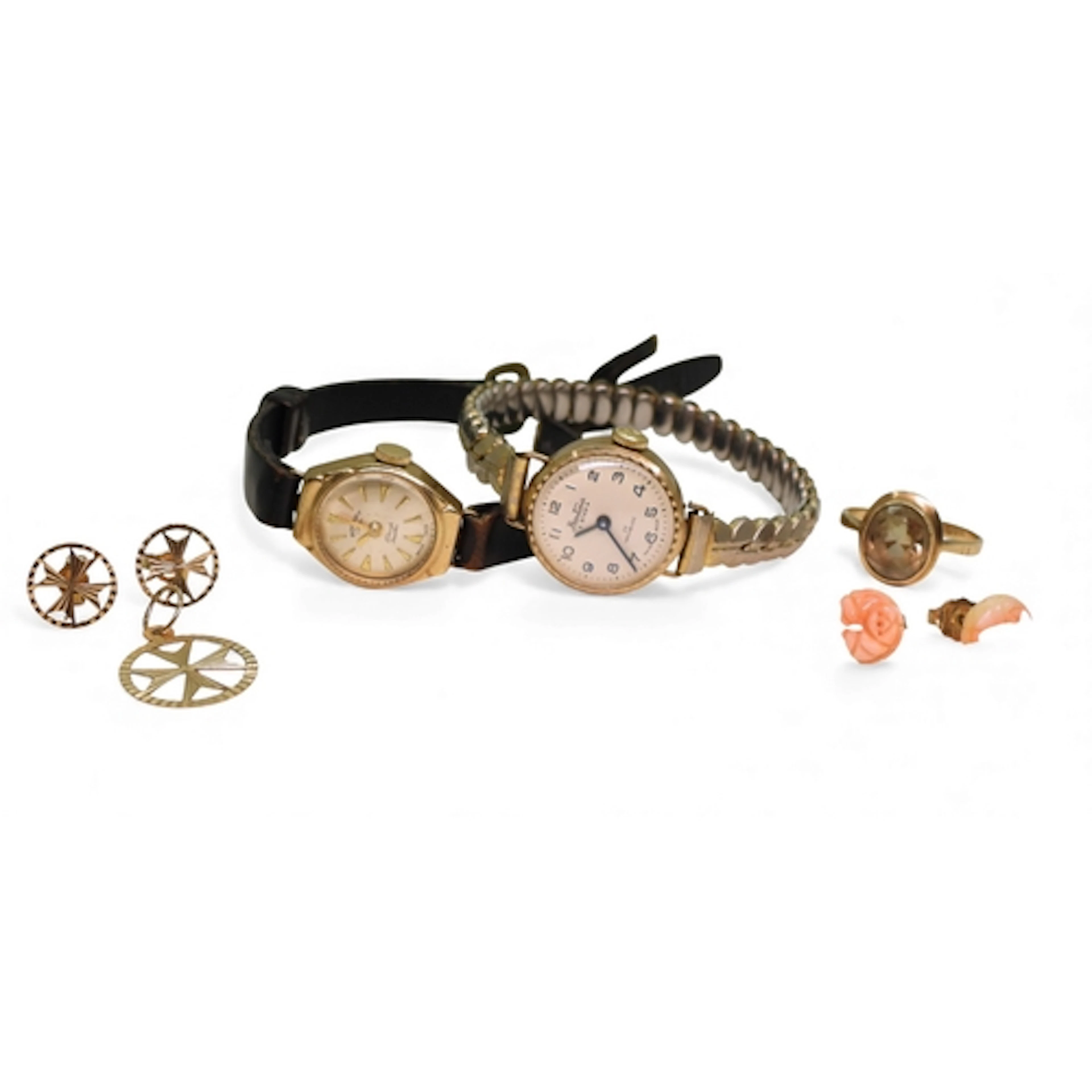 A 9ct gold smoky quartz ring, size P, together with two 9ct ...