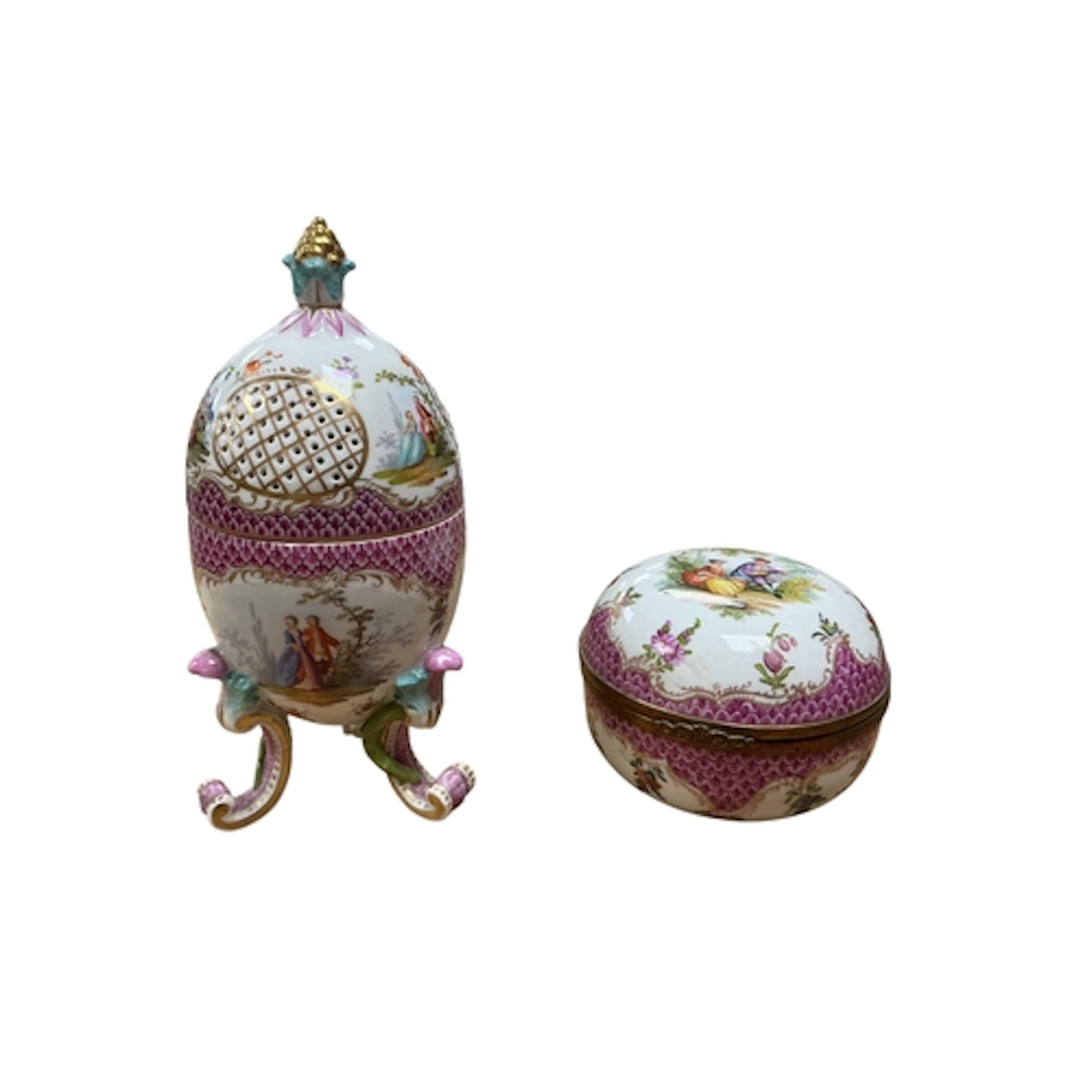 Two pieces of Dresden porcelain comprising a circular pot an...