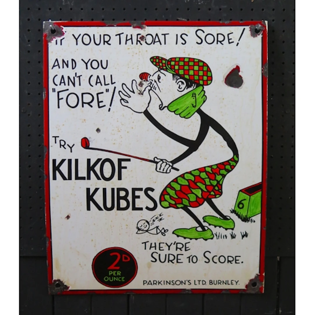 "Kilkof Kubes Throat Pastels" - an enamel advertising sign, ...