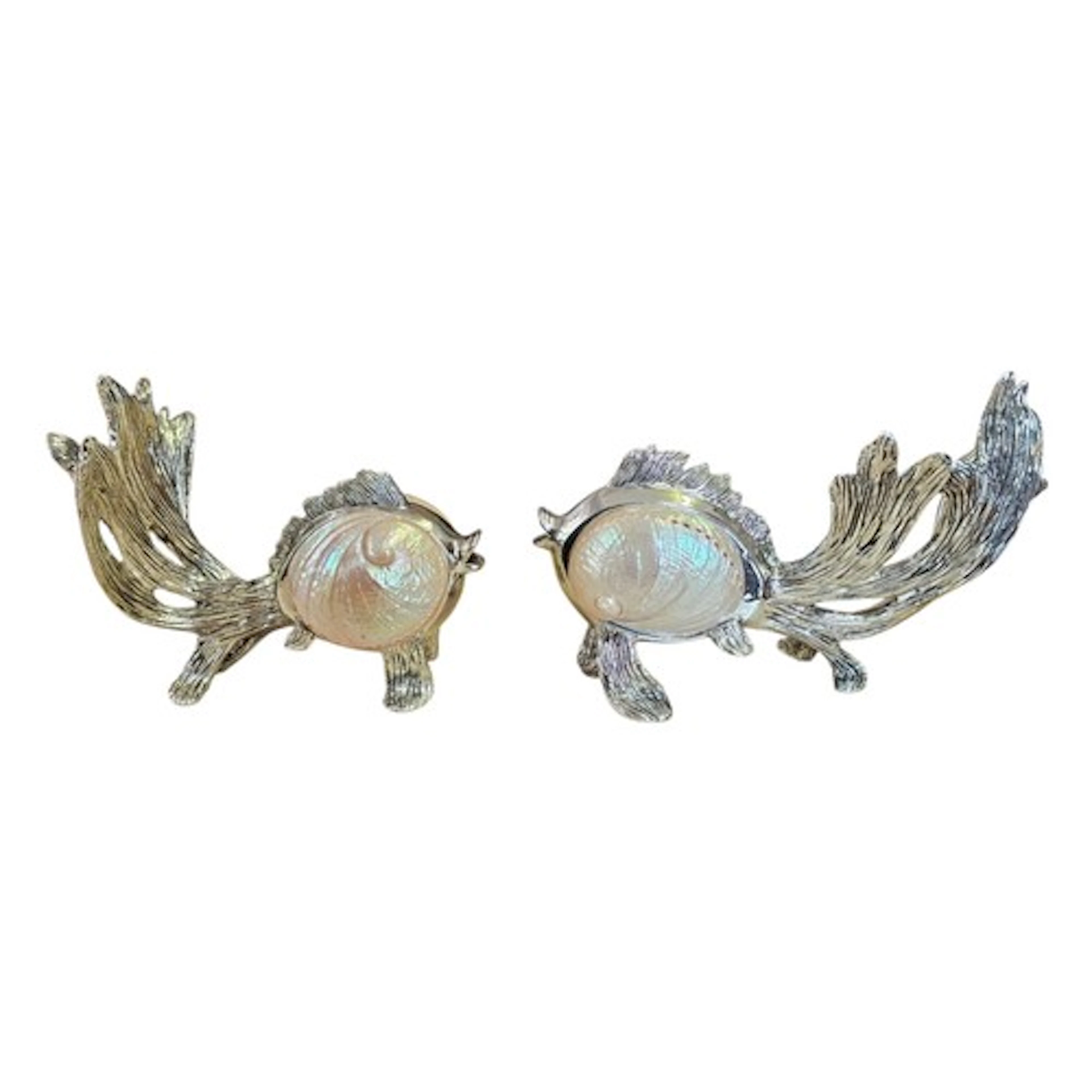 A PAIR OF CONTEMPORARY ABALONE SHELL JAPANESE FIGHTING FISH ...