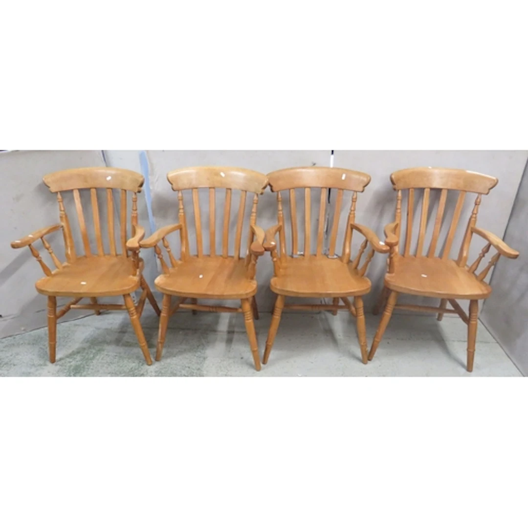 Set of 4 Beech Slat Backed Farmhouse Carver Chairs, turned s...