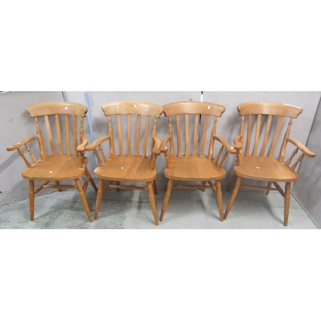 Set of 4 Beech Slat Backed Farmhouse Carver Chairs, turned s...