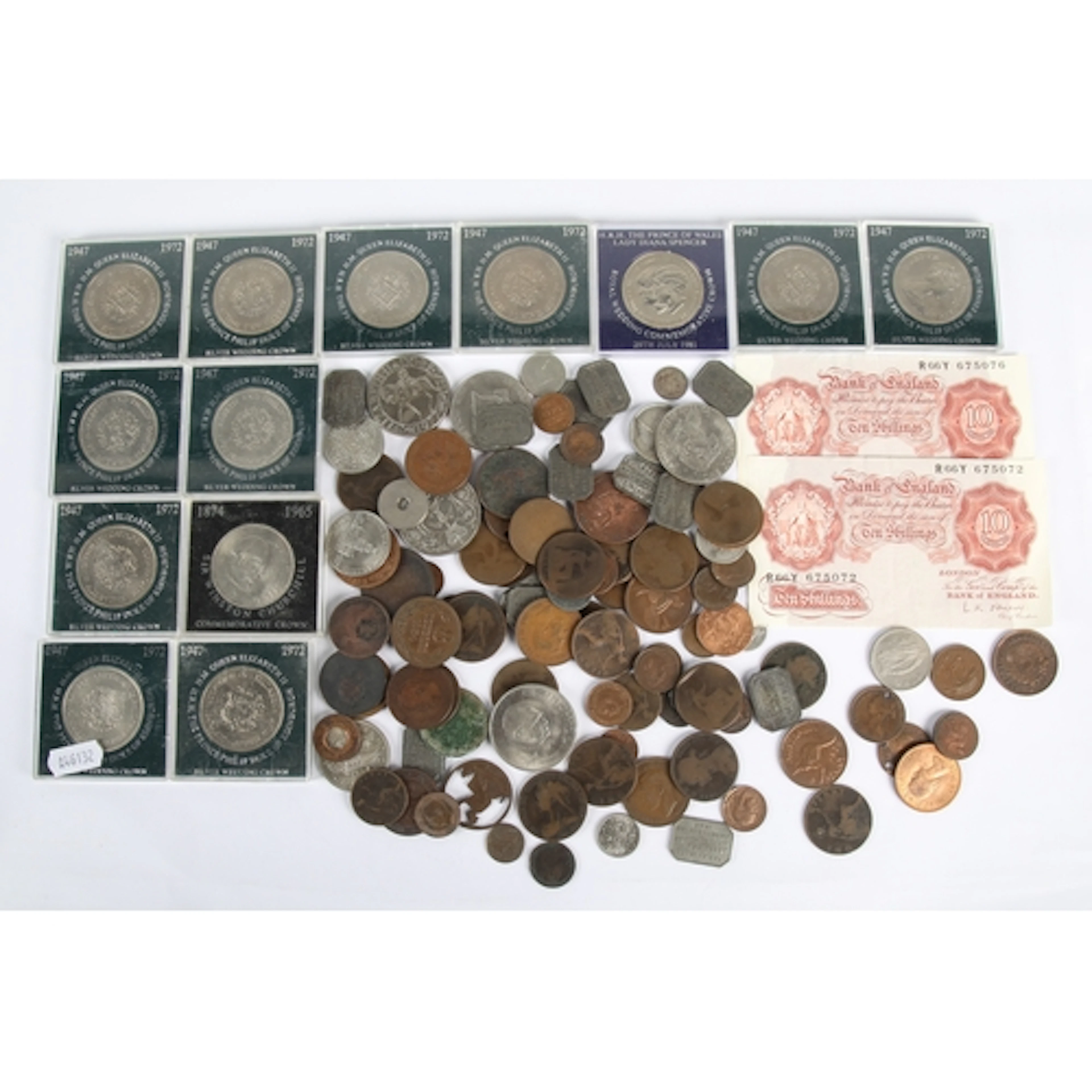 Collection of Silver Wedding Crowns, cased, bronze coins, Ch...