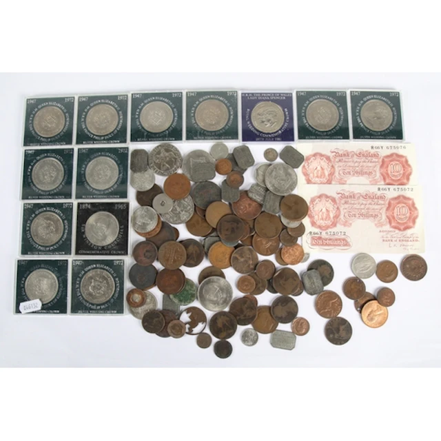 Collection of Silver Wedding Crowns, cased, bronze coins, Ch...