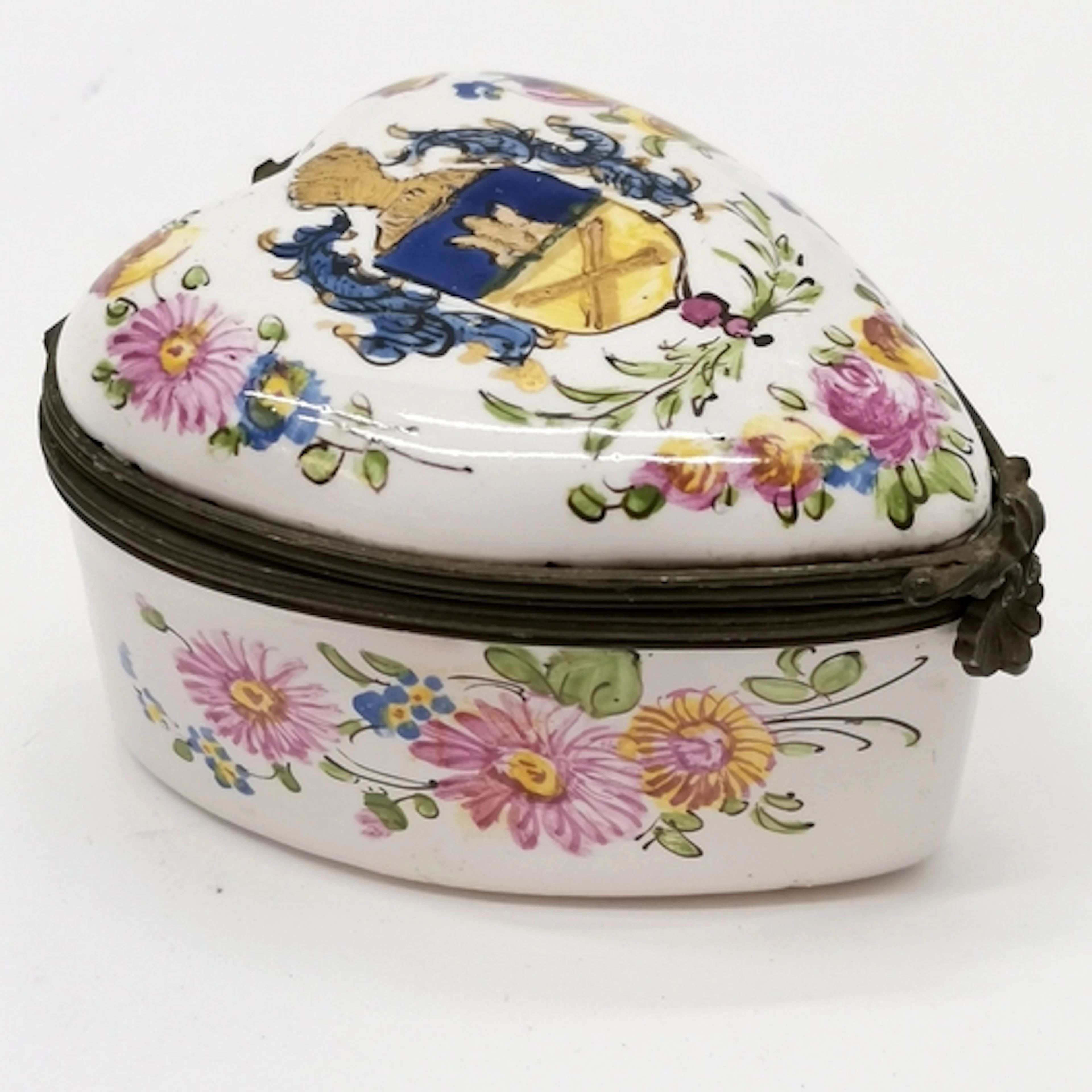 Lille antique porcelain heart shaped trinket box with armour...