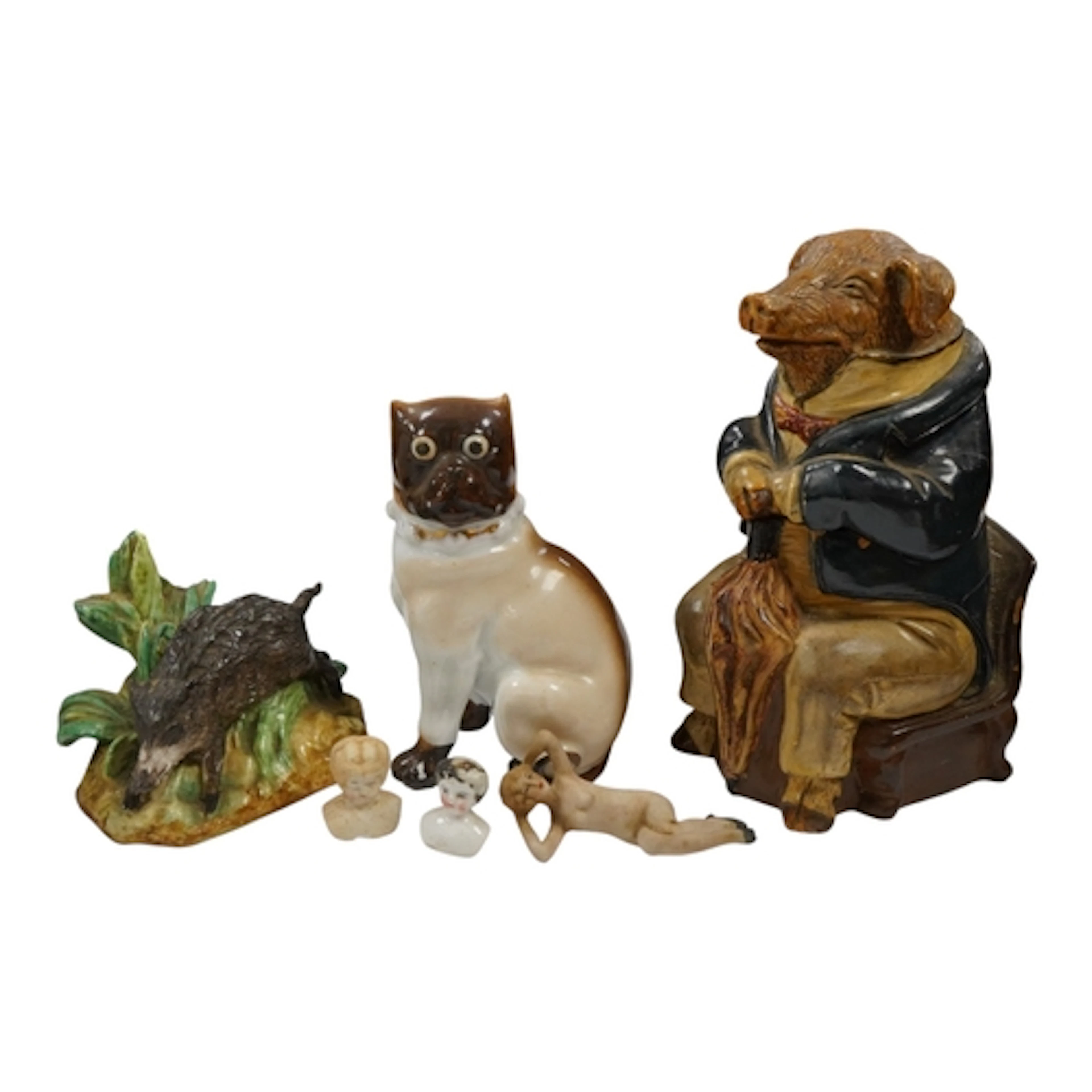 A Chelsea style figure of a boar, an anthropomorphic pig nov...