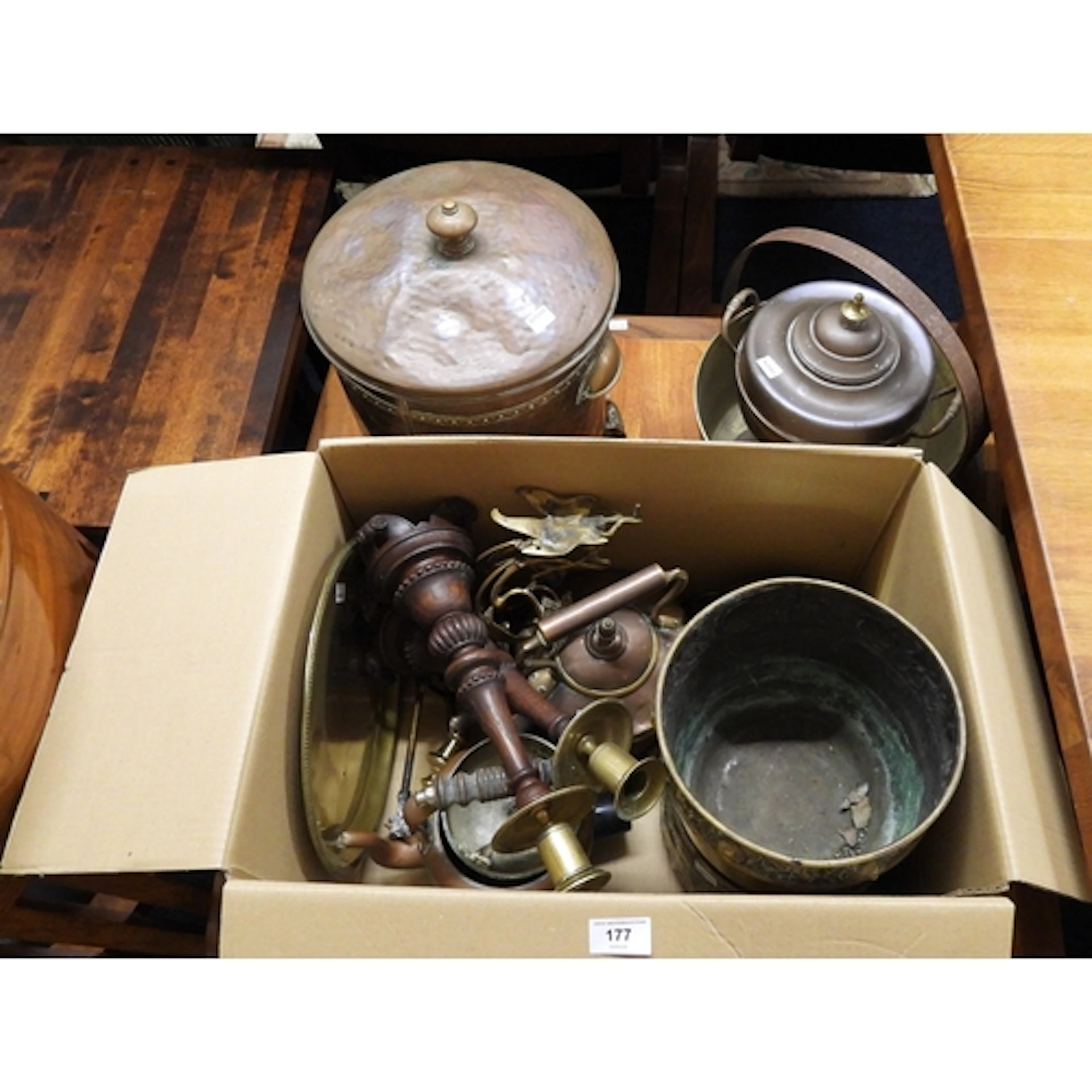 A mixed lot to include brass and copper wares and a mid 20th...