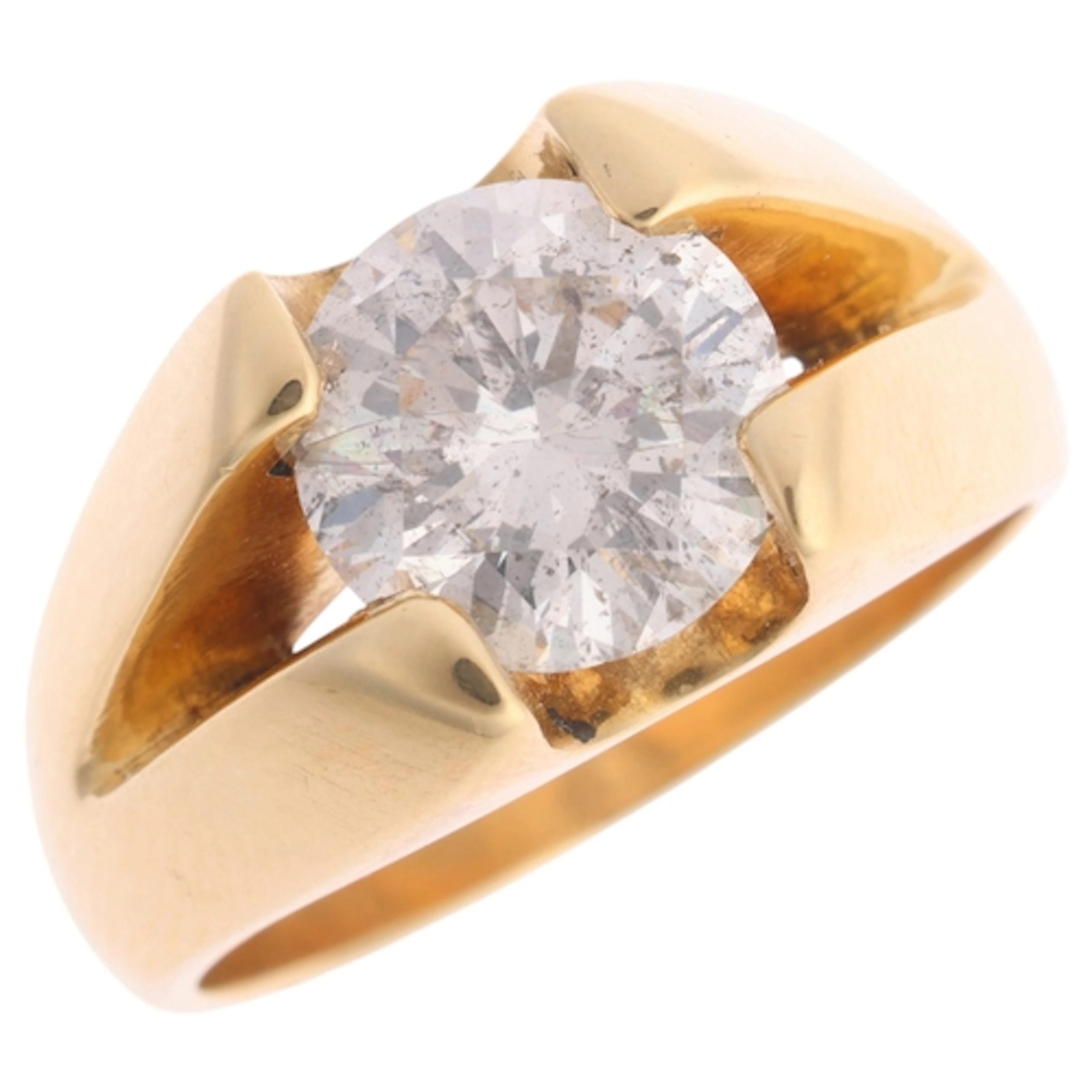 A heavy 18ct gold 3.40ct fracture filled diamond gypsy ring,...