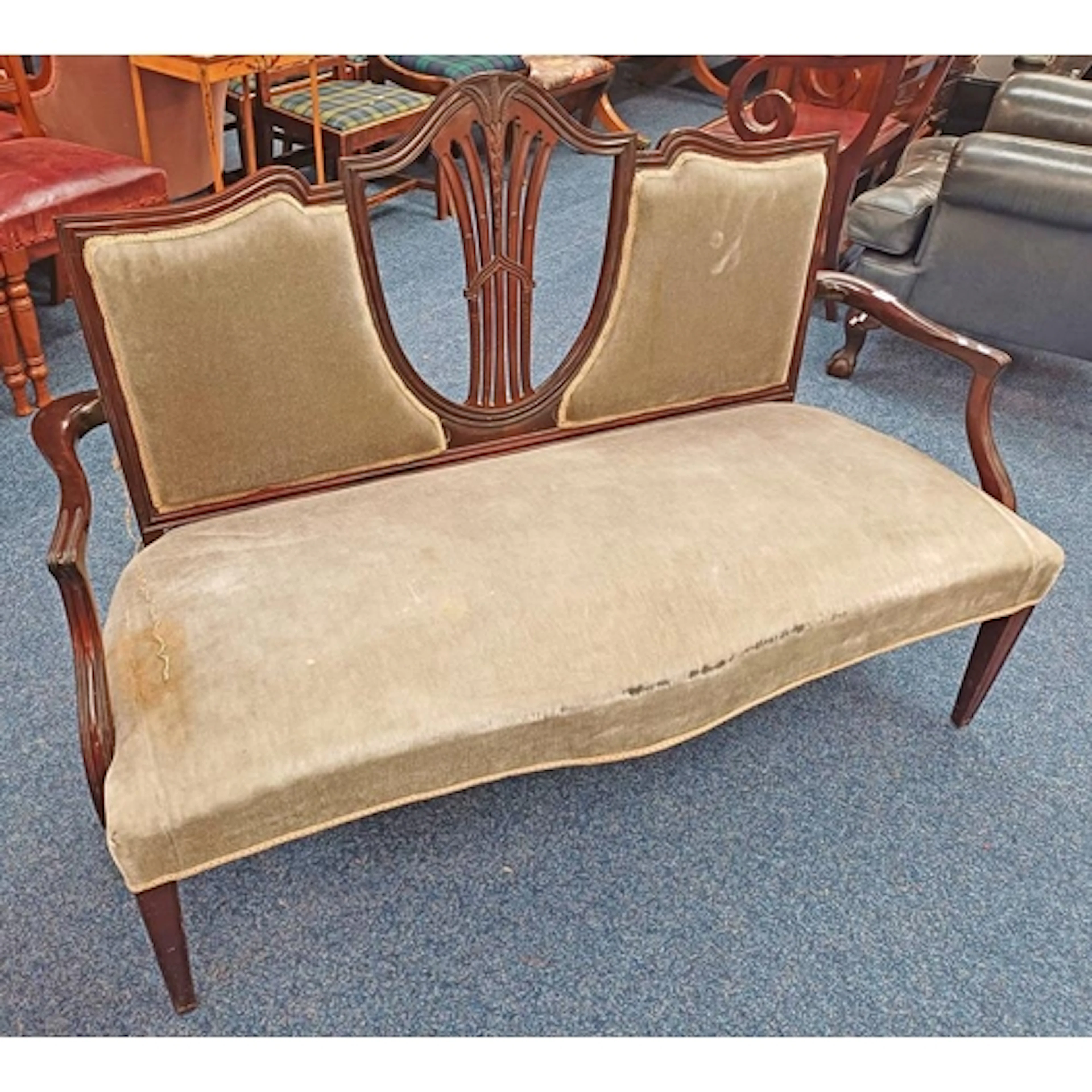 EARLY 20TH CENTURY MAHOGANY FRAMED PARLOUR SETTEE ON TAPERED...