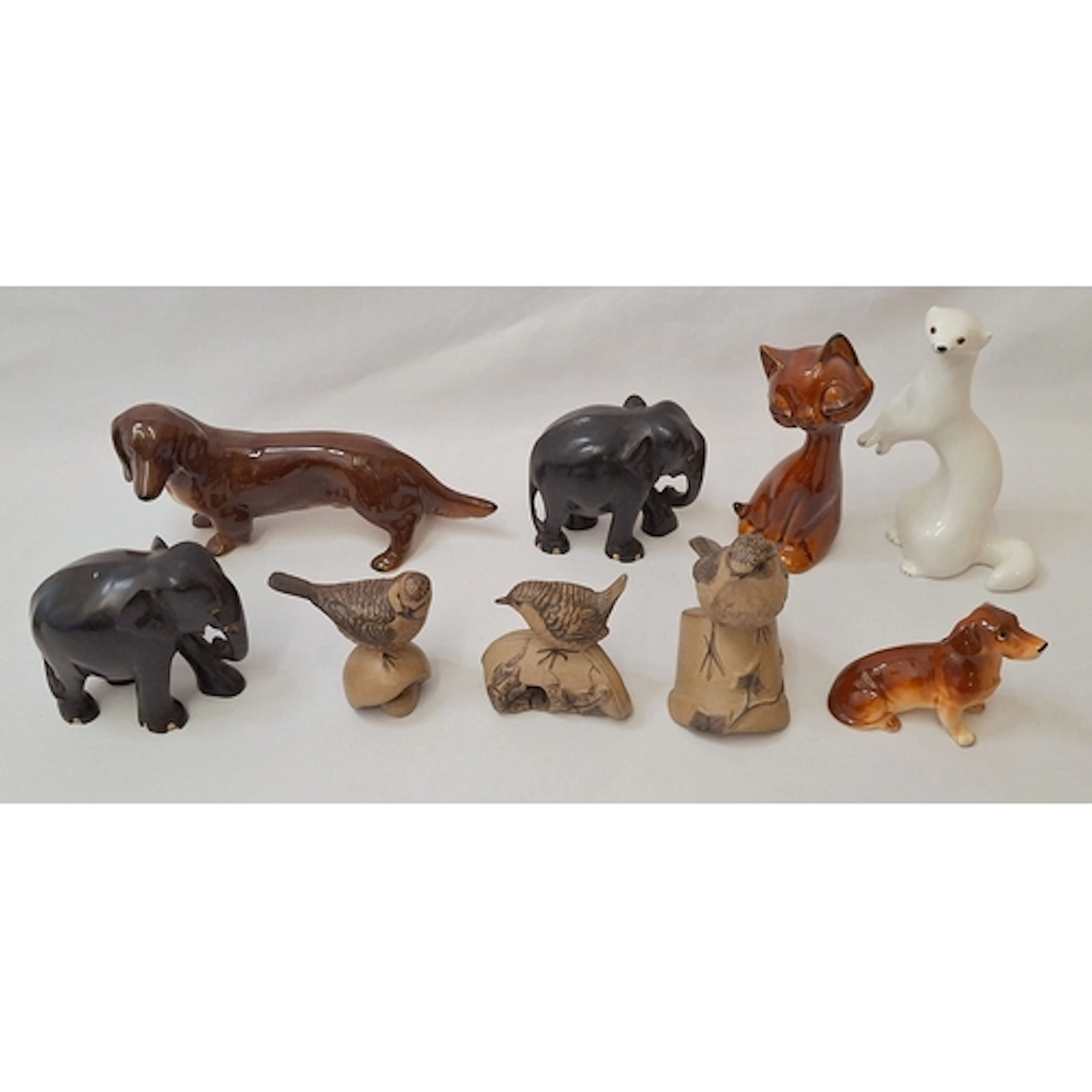 Animal Figurines incl. 3 Poole pottery birds, white weasel, ...