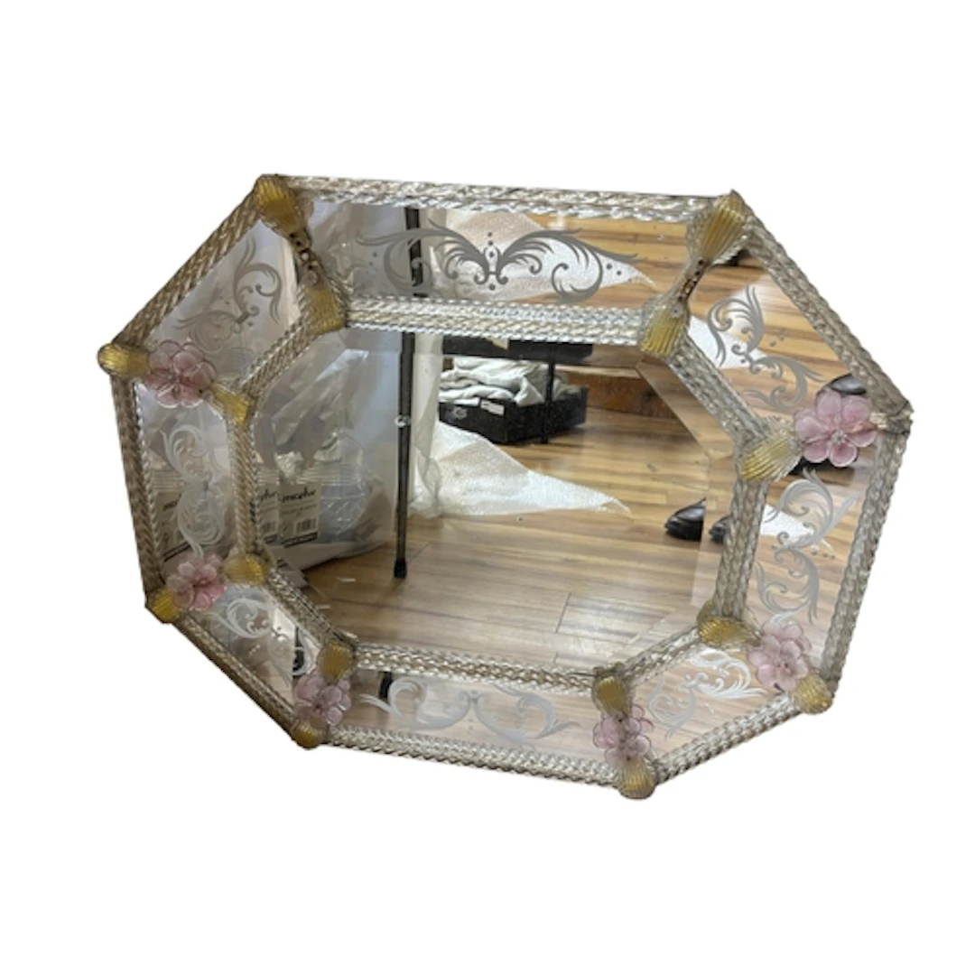 A mid century octagonal Venetian glass mirror with floral ap...