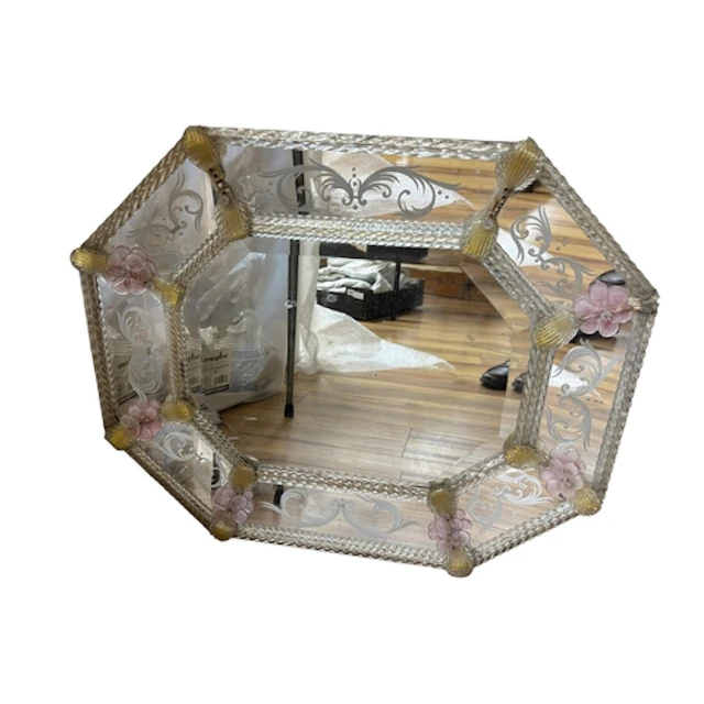 A mid century octagonal Venetian glass mirror with floral ap...
