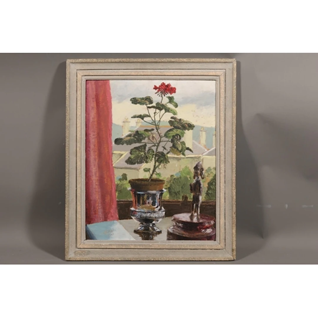 IAN PHILLIPS, Geranium, oil painting on board, signed and da...