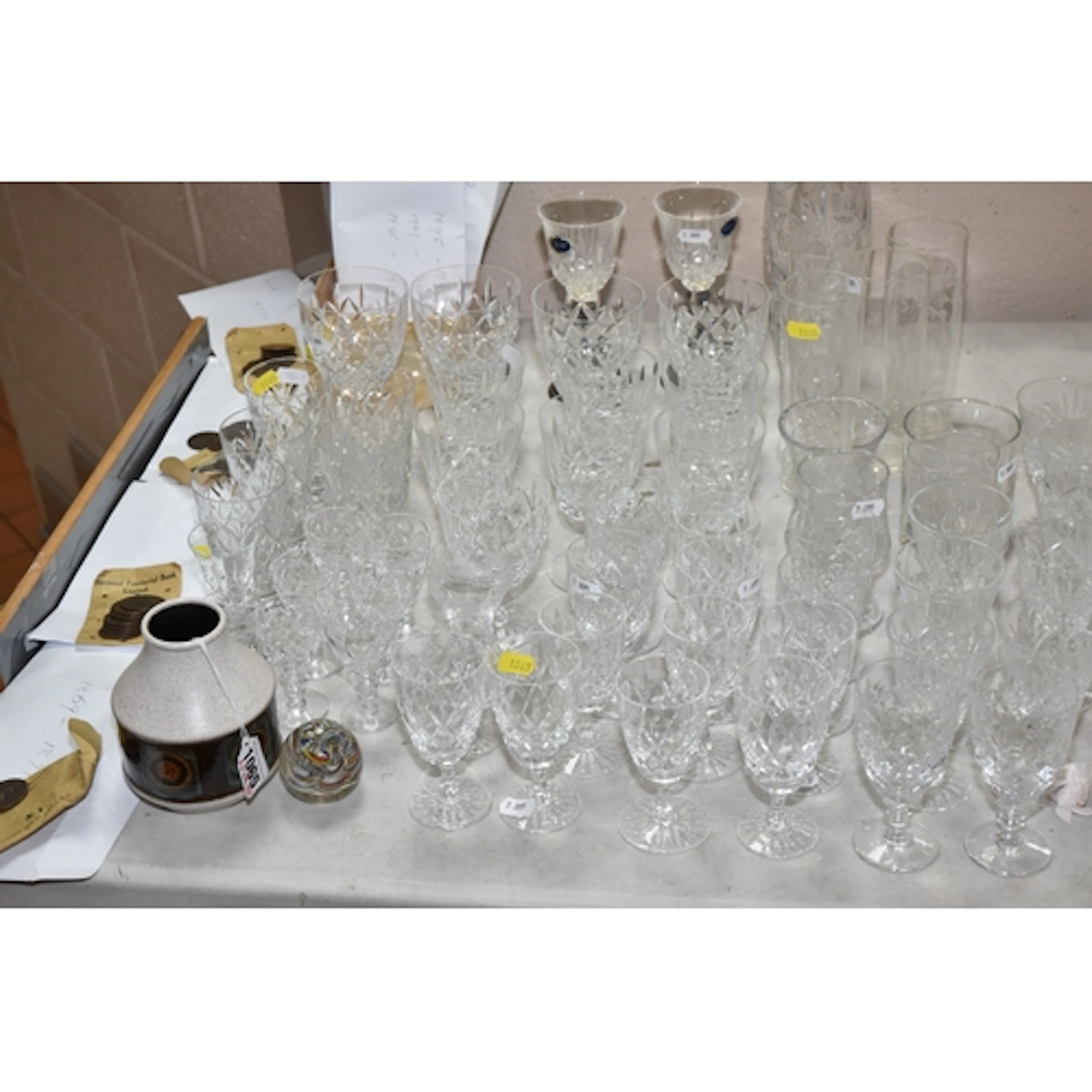 AN ASSORTMENT OF MAINLY CRYSTAL DRINKING VESSELS WITH AN OLD...