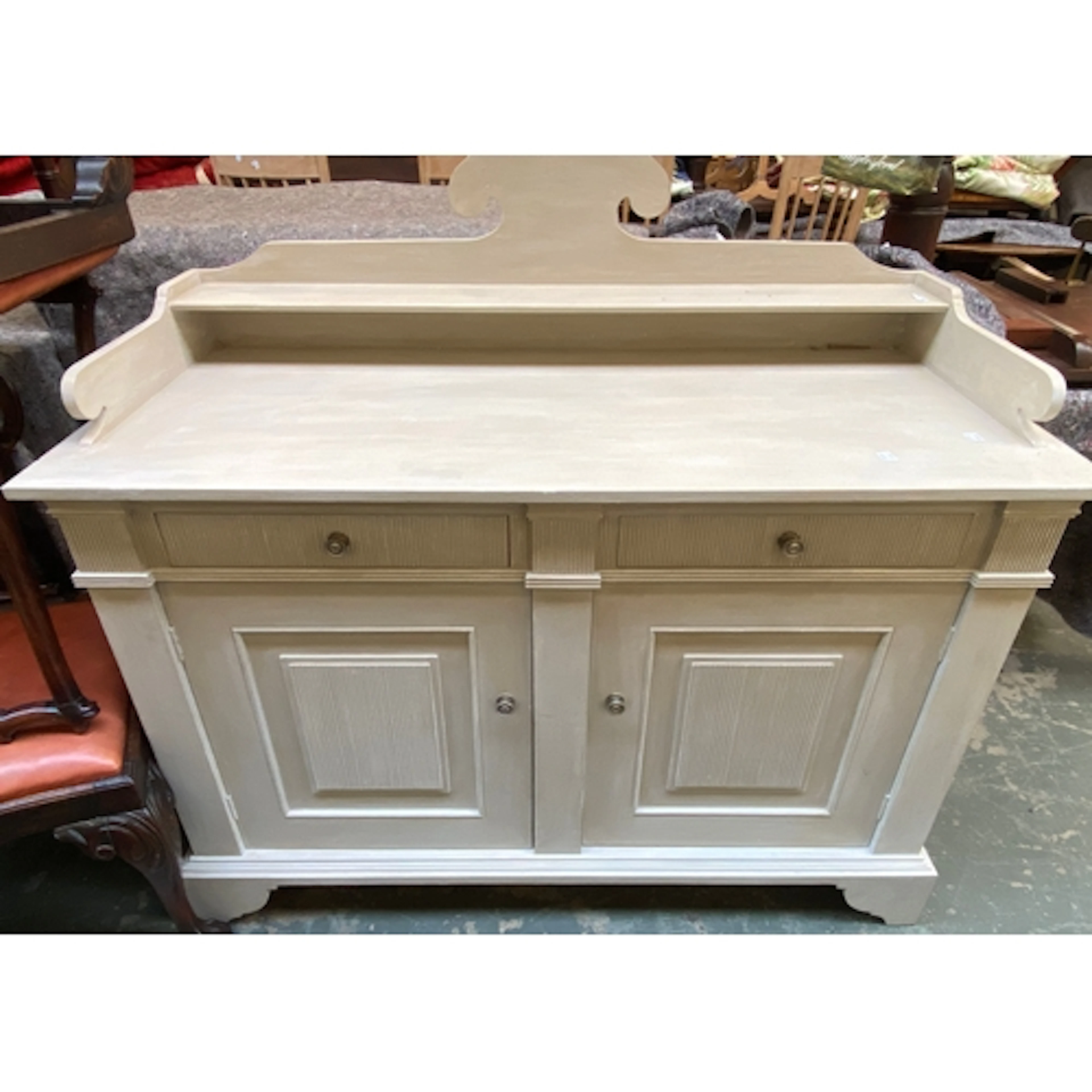 A grey painted dressing table/cupboard, two drawers with ree...