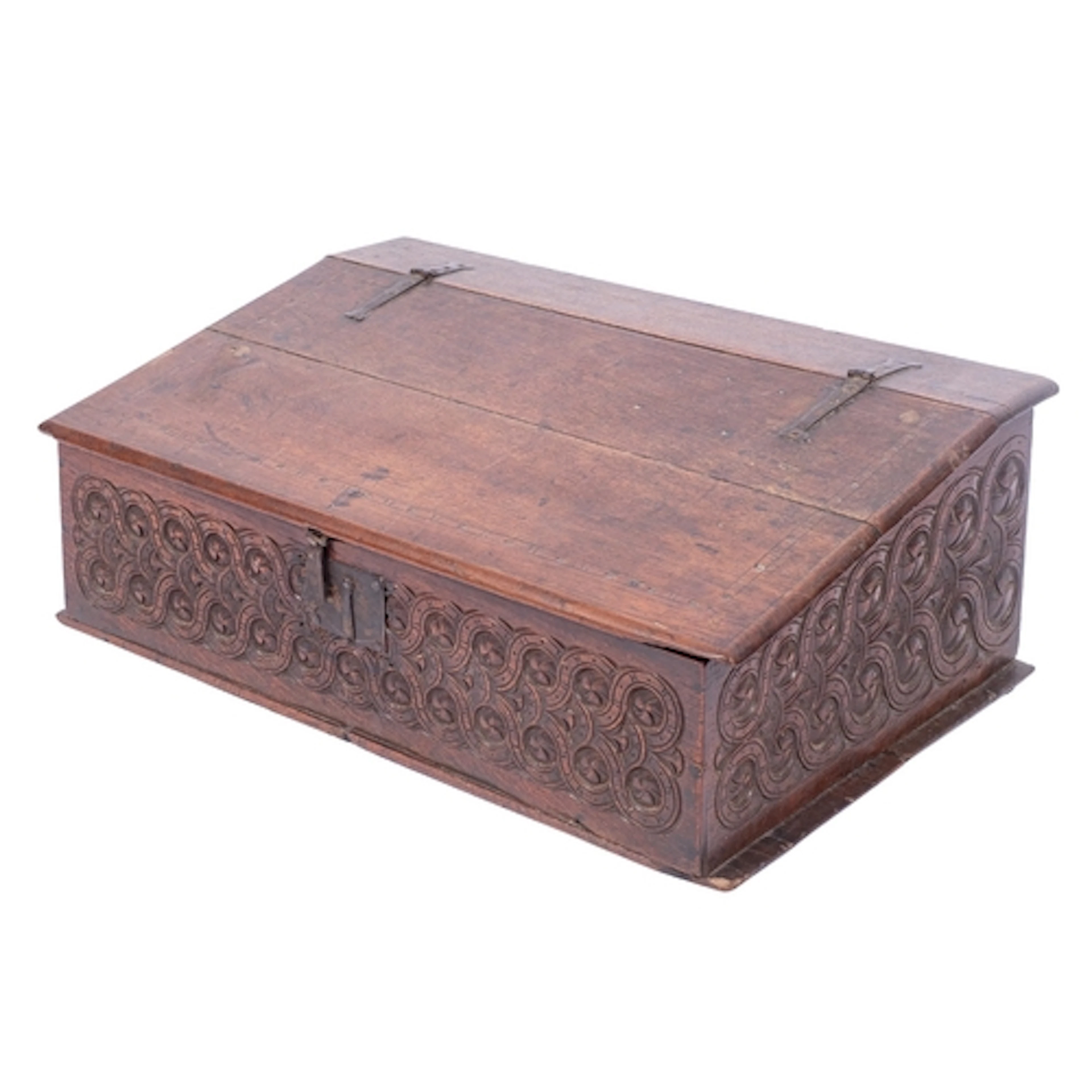 A Restoration oak Bible box, circa 1660; the hinged sloping ...