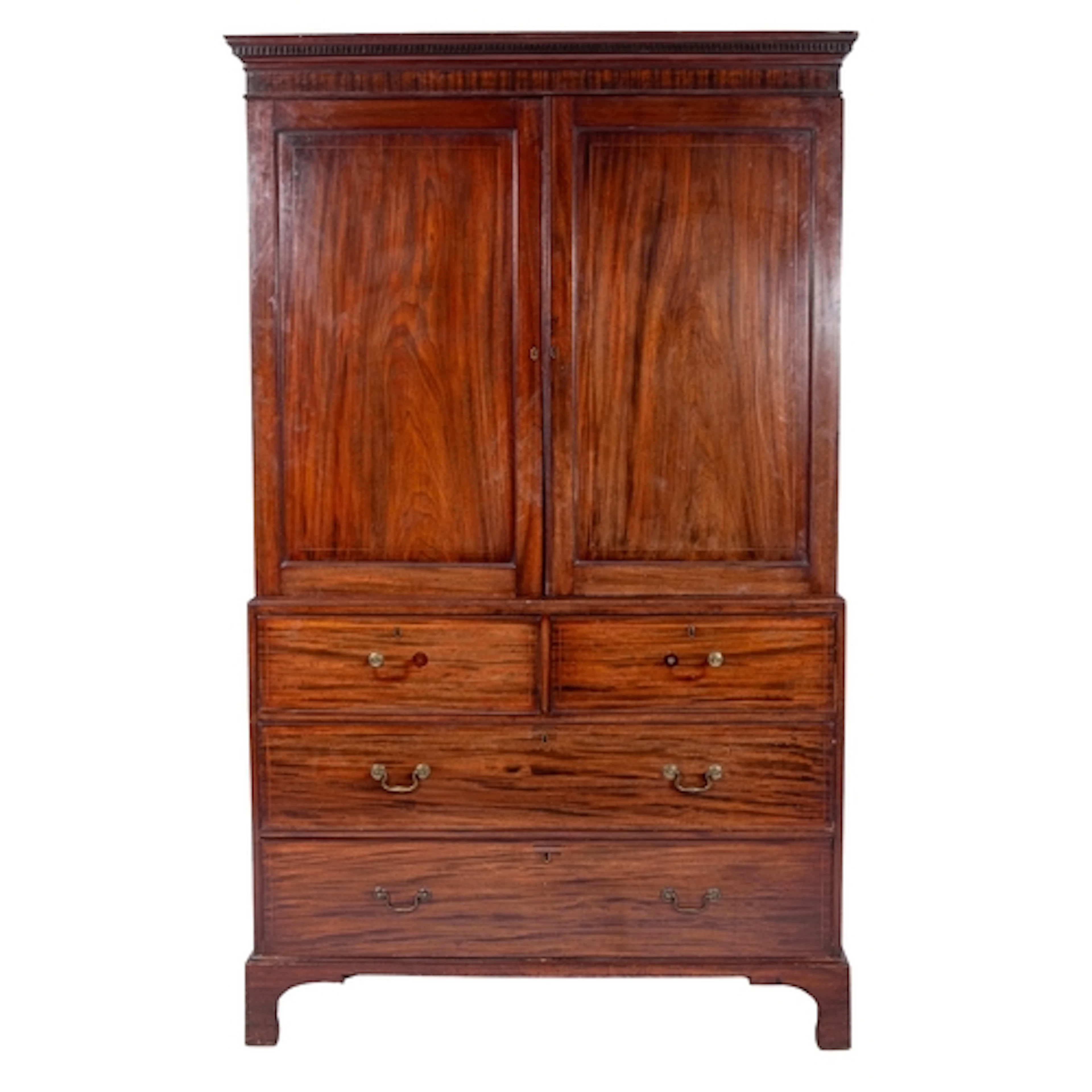 A George III Irish mahogany and inlaid linen press bordered ...