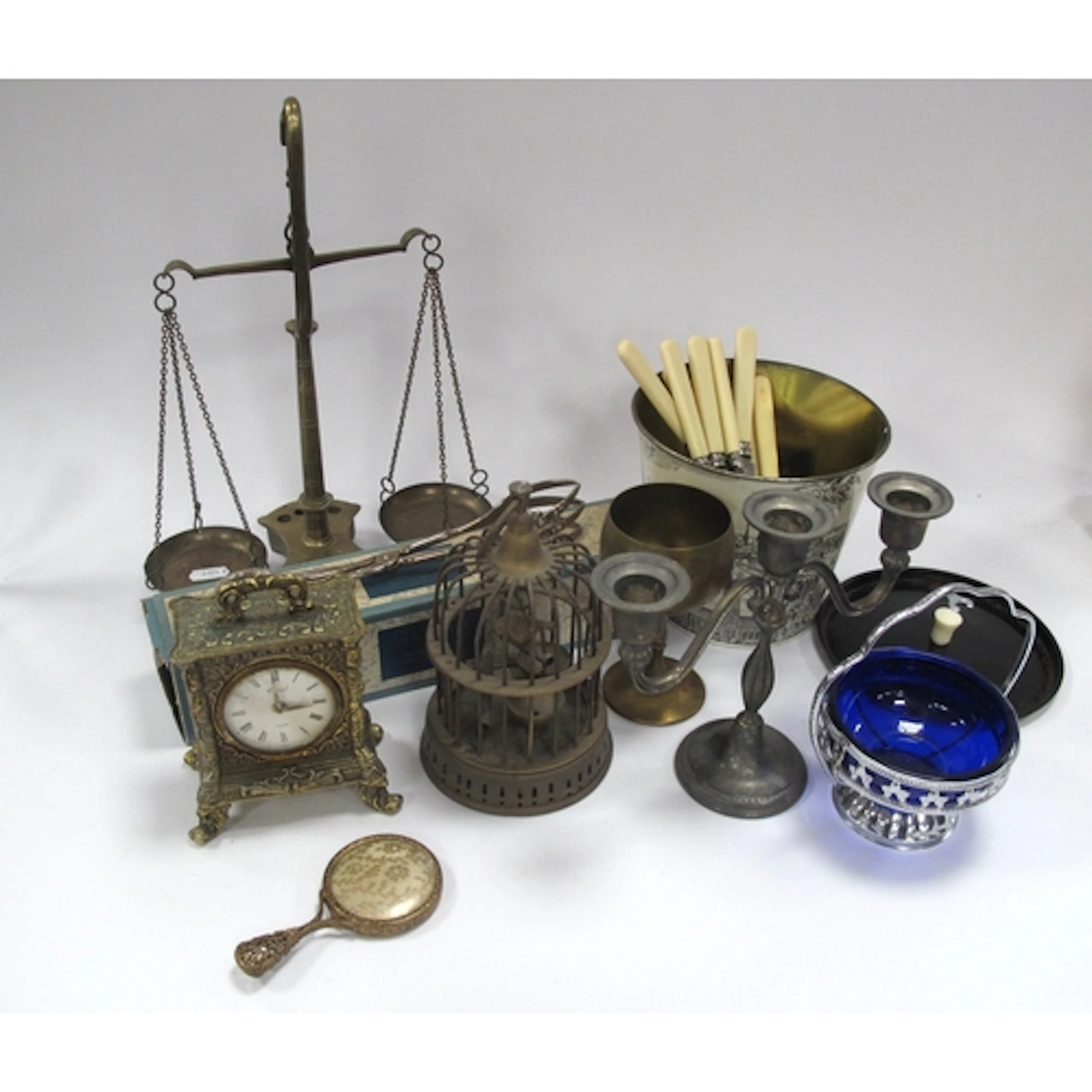 Metalware, including brass scales, bird cage, vintage-style ...