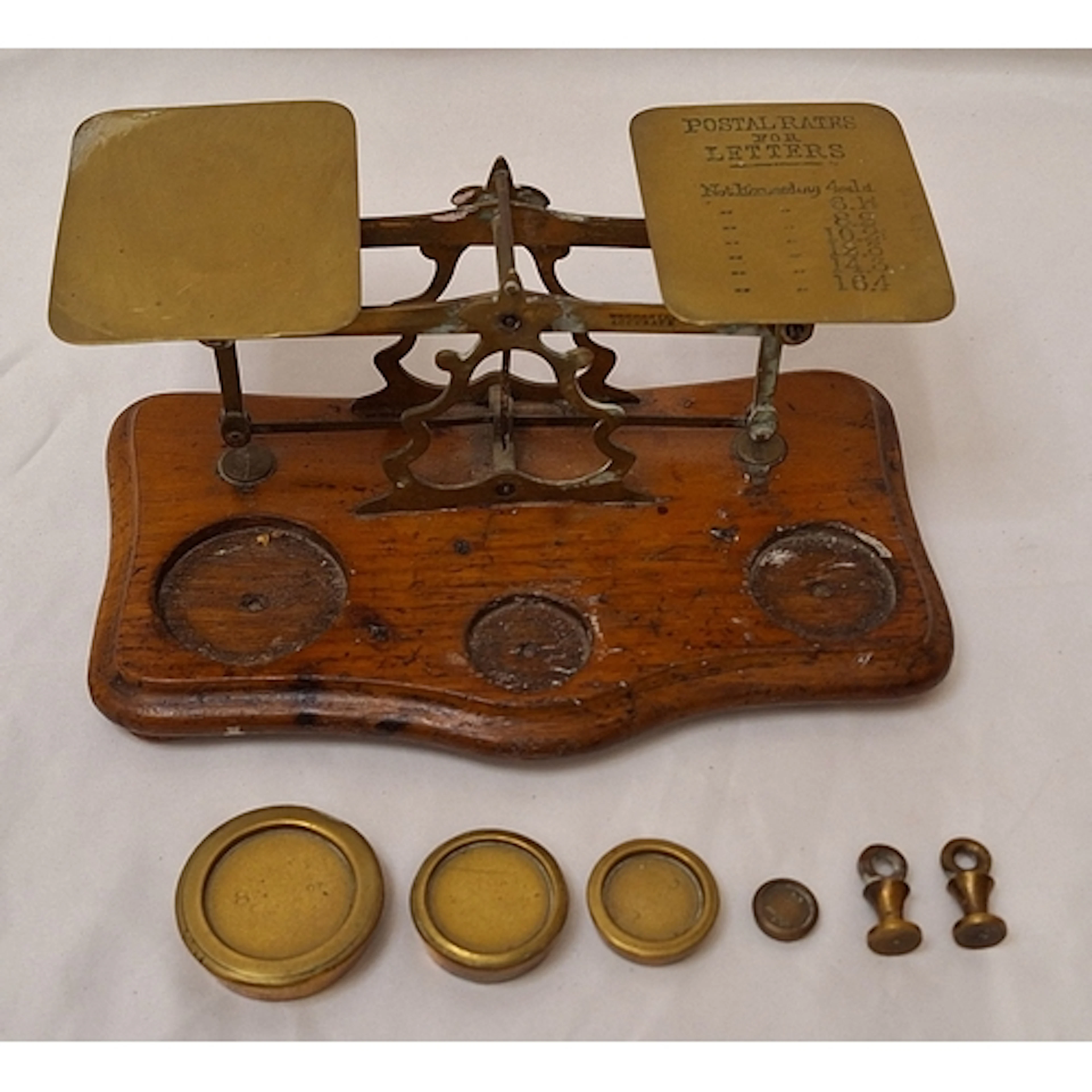 Set of Vintage/Antique Brass Postal Scales set on wooden bas...