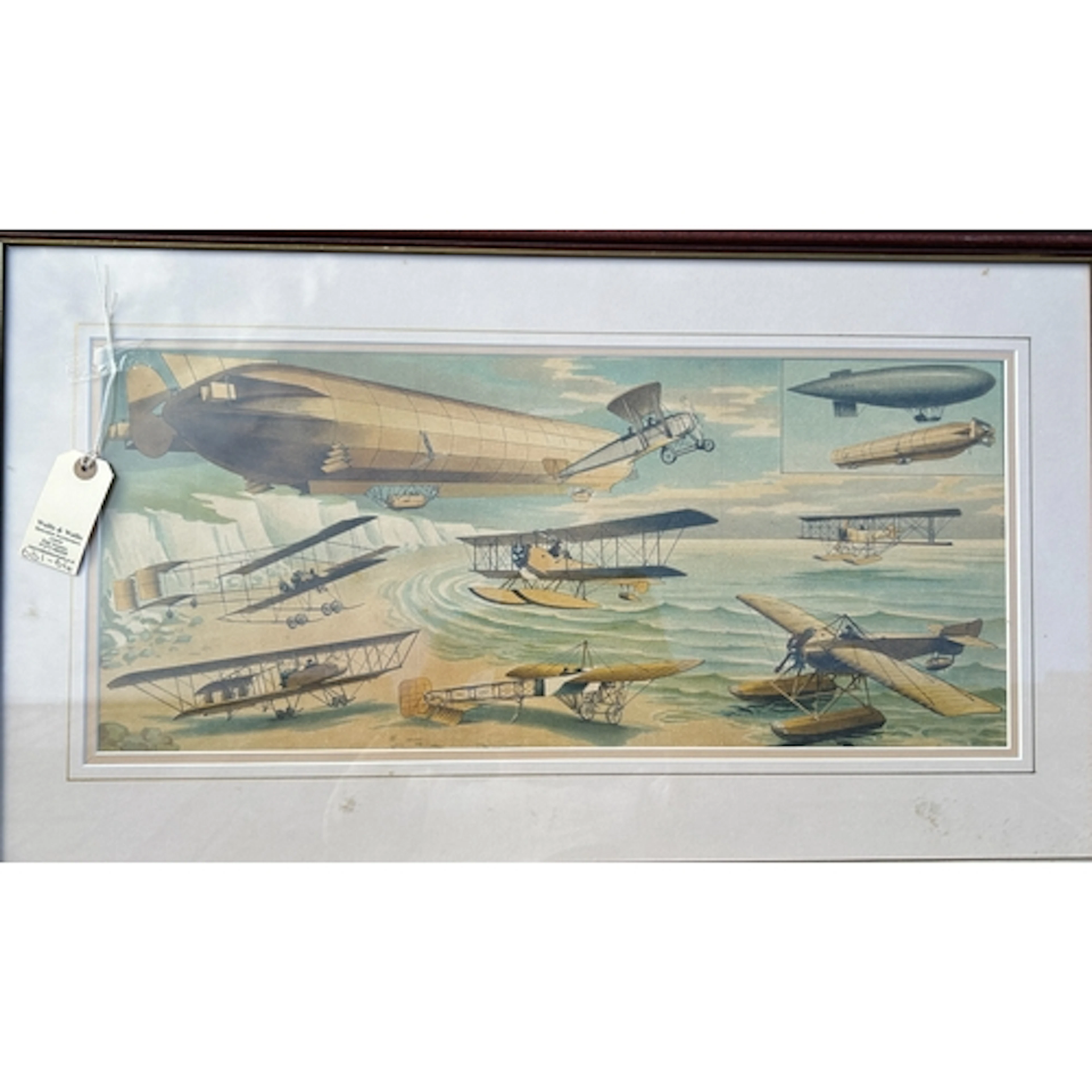 A contemporary coloured print of early aircraft and airships...