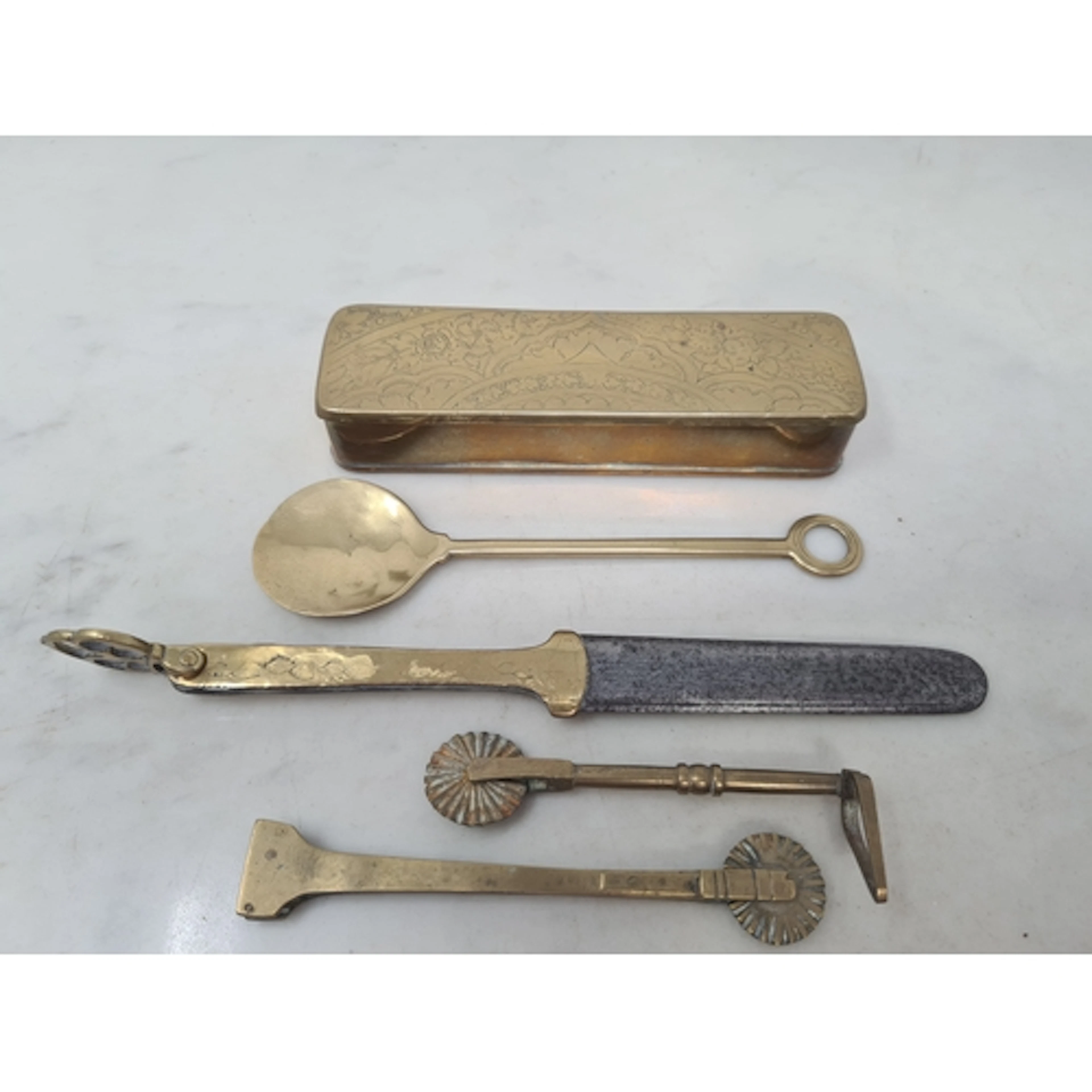 An antique brass Tobacco Box with floral engraving, two Past...