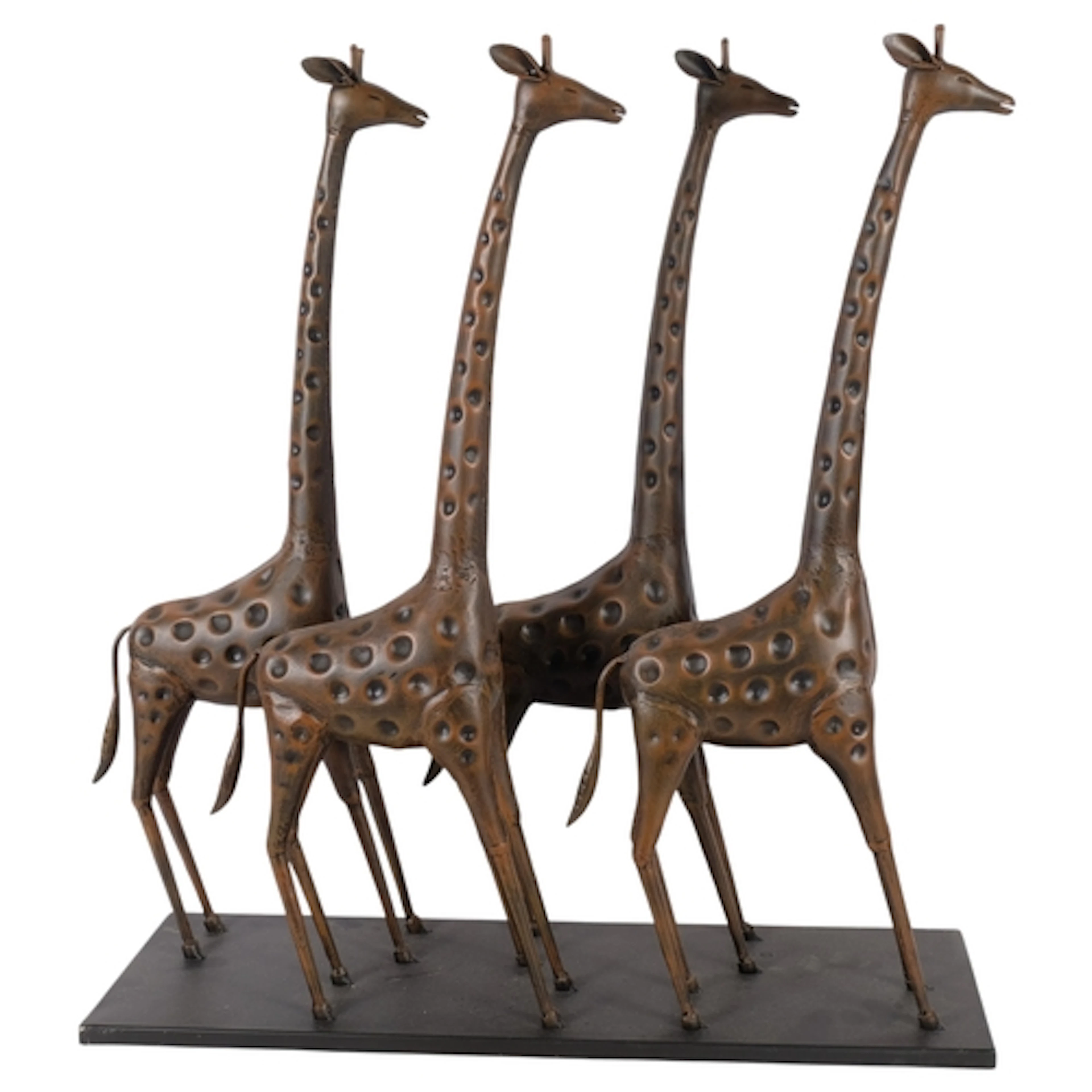 A patinated metal sculpture of 4 giraffes on plinth, H62cm