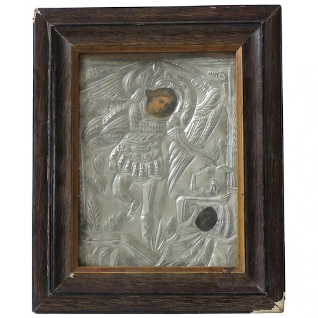 GREEK SCHOOL, MID 20TH CENTURY WOODEN AND SILVERED METAL ICO...