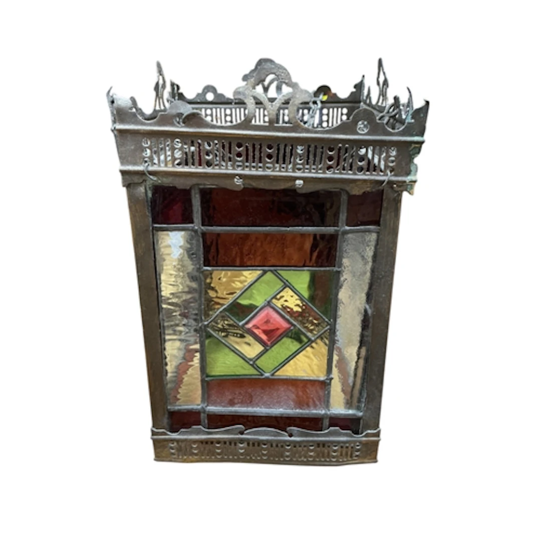 A late Victorian leaded stained glass square hall lantern, h...