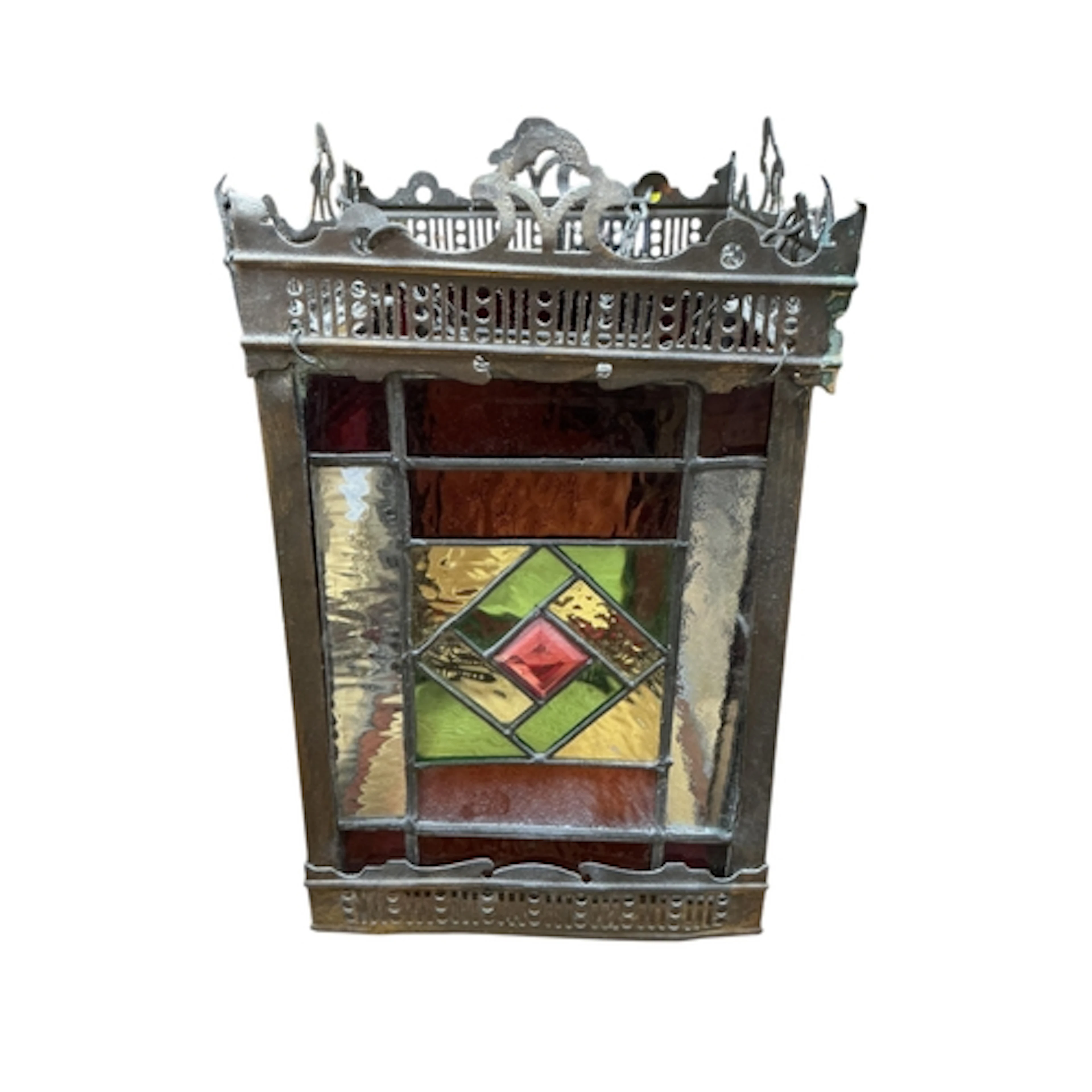 A late Victorian leaded stained glass square hall lantern, h...