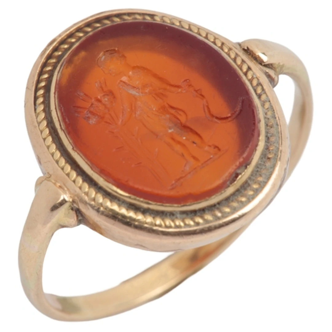 A carnelian intaglio ring, possibly ancient Roman and later,...