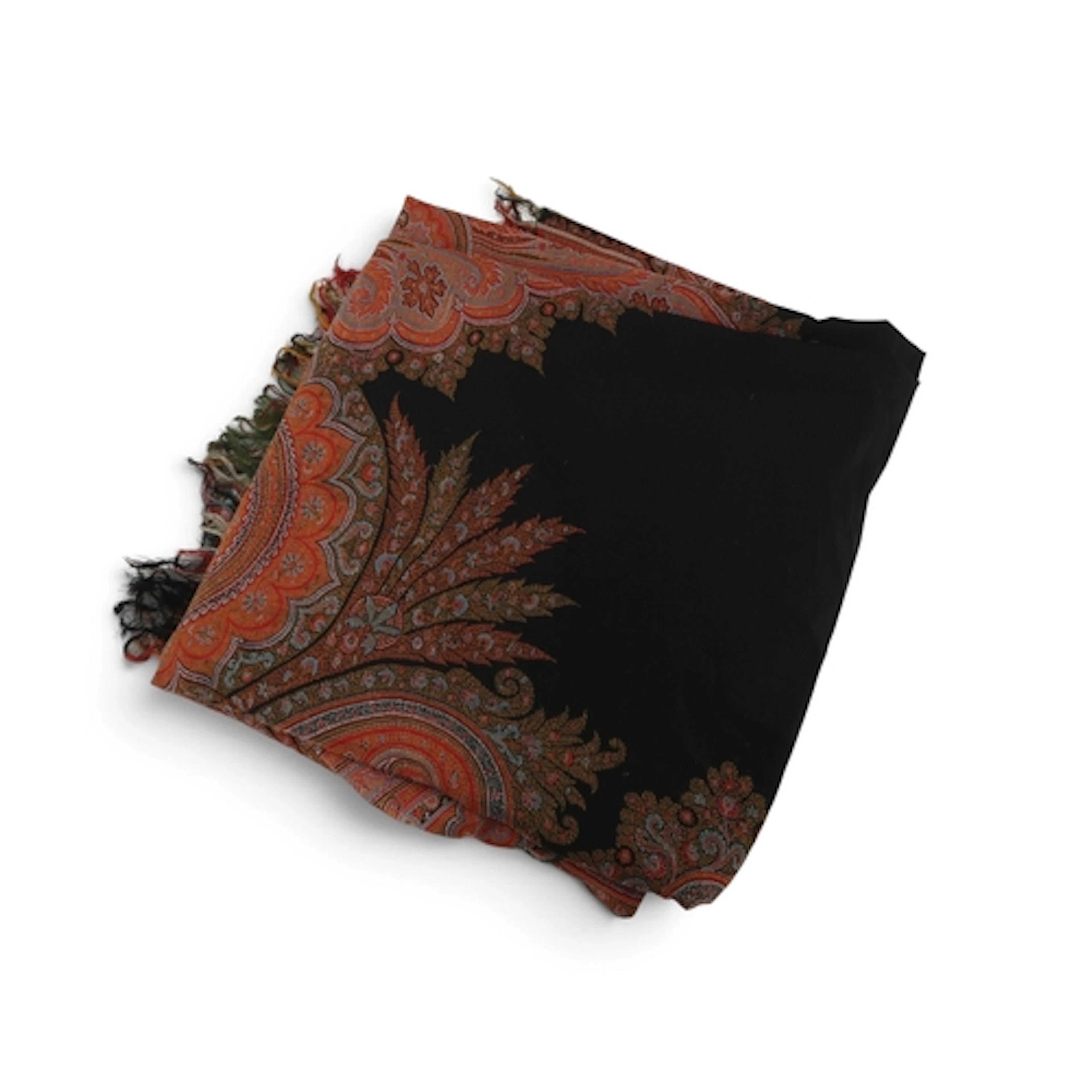 A black ground Paisley shawl woven with elongated boteh, pal...