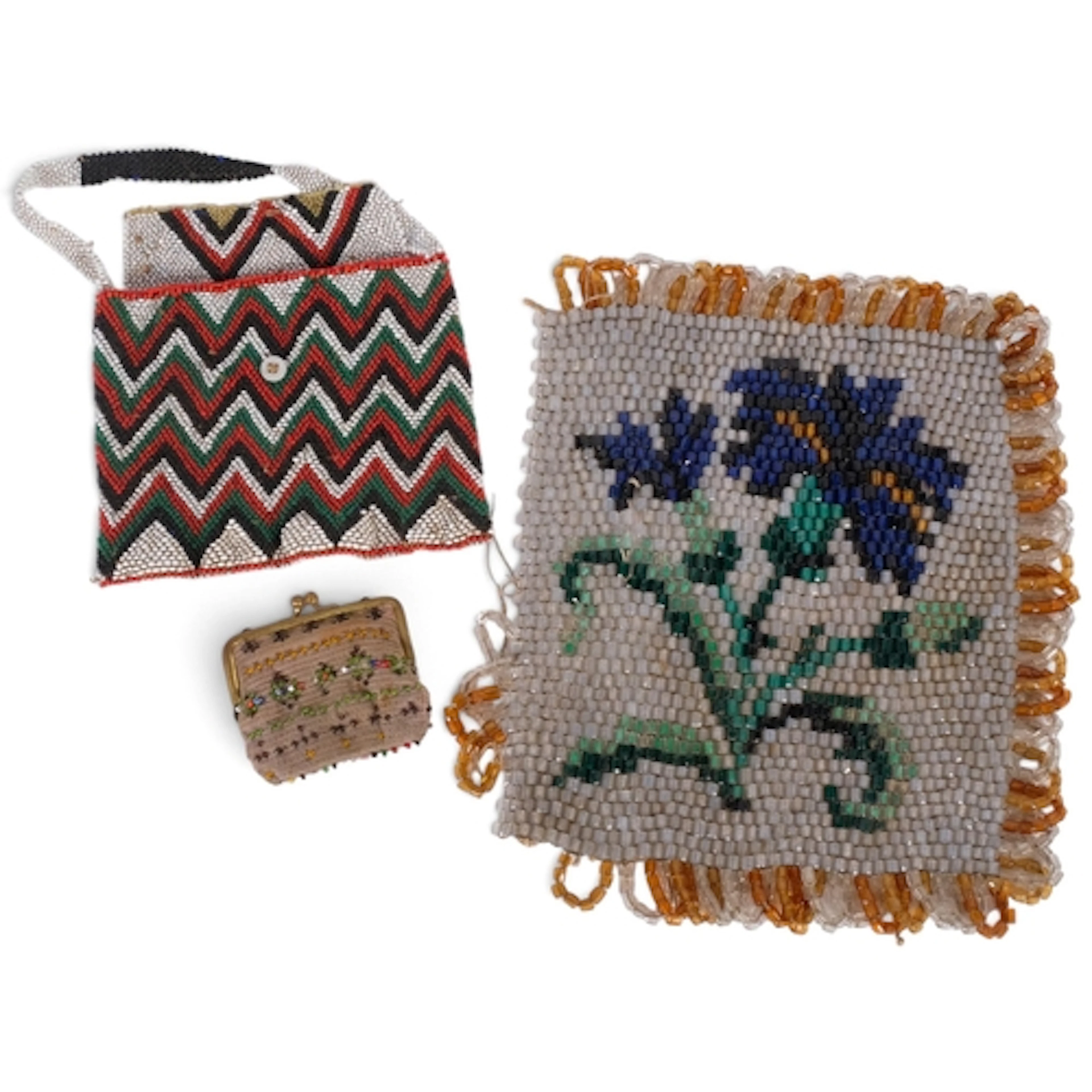 An African Tribal beadwork purse, a beadwork panel, and a sm...