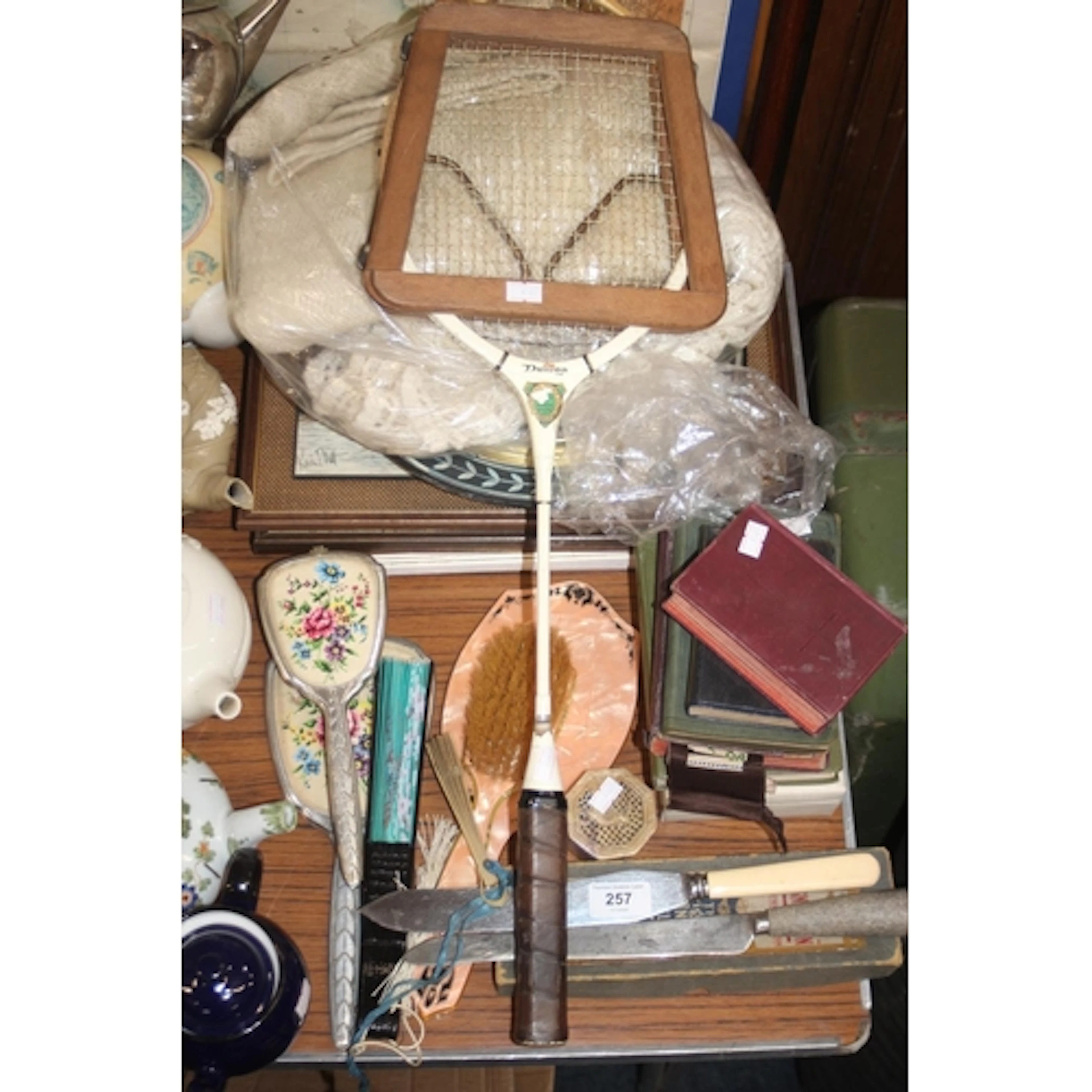 Oriental fans, vanity mirror, haberdashery, Dunlop badminton...