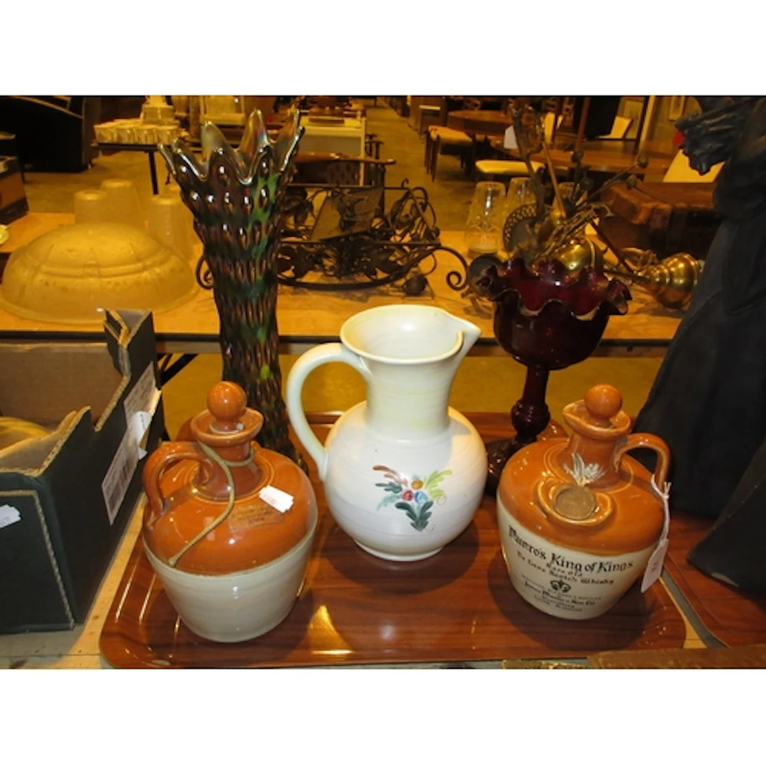 Carnival Glass Vase, Ruby Glass Vase, Jug and 2 Flagons
