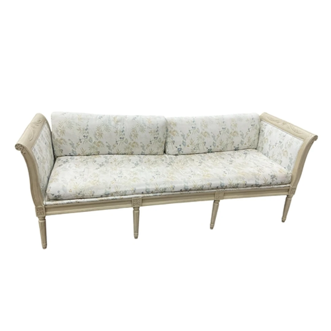 A 19th century Swedish upholstered settee, later painted, wi...