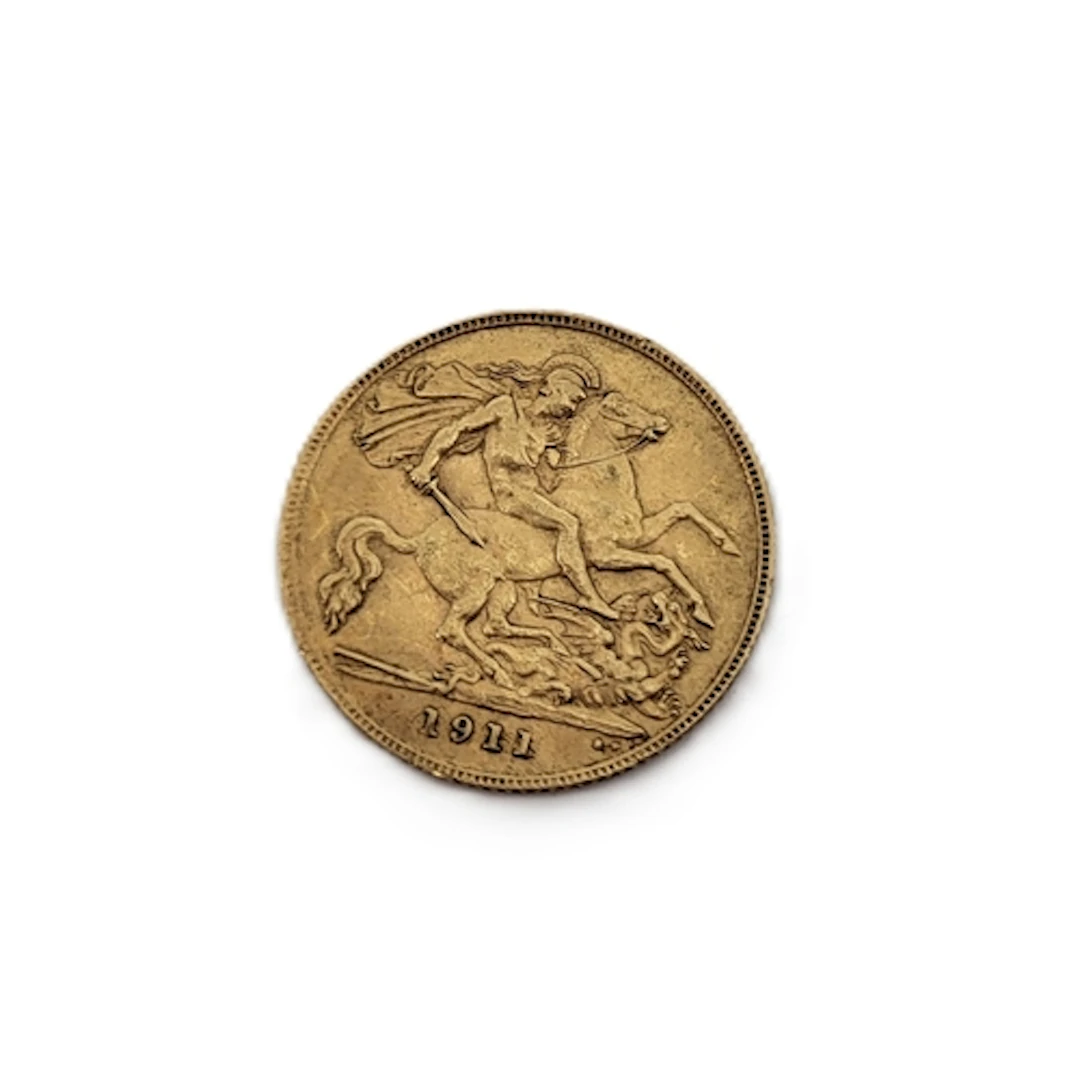 A 1911 ENGLISH HALF SOVEREIGN ENGLISH COIN, GV, EF, 22 ct. 4...