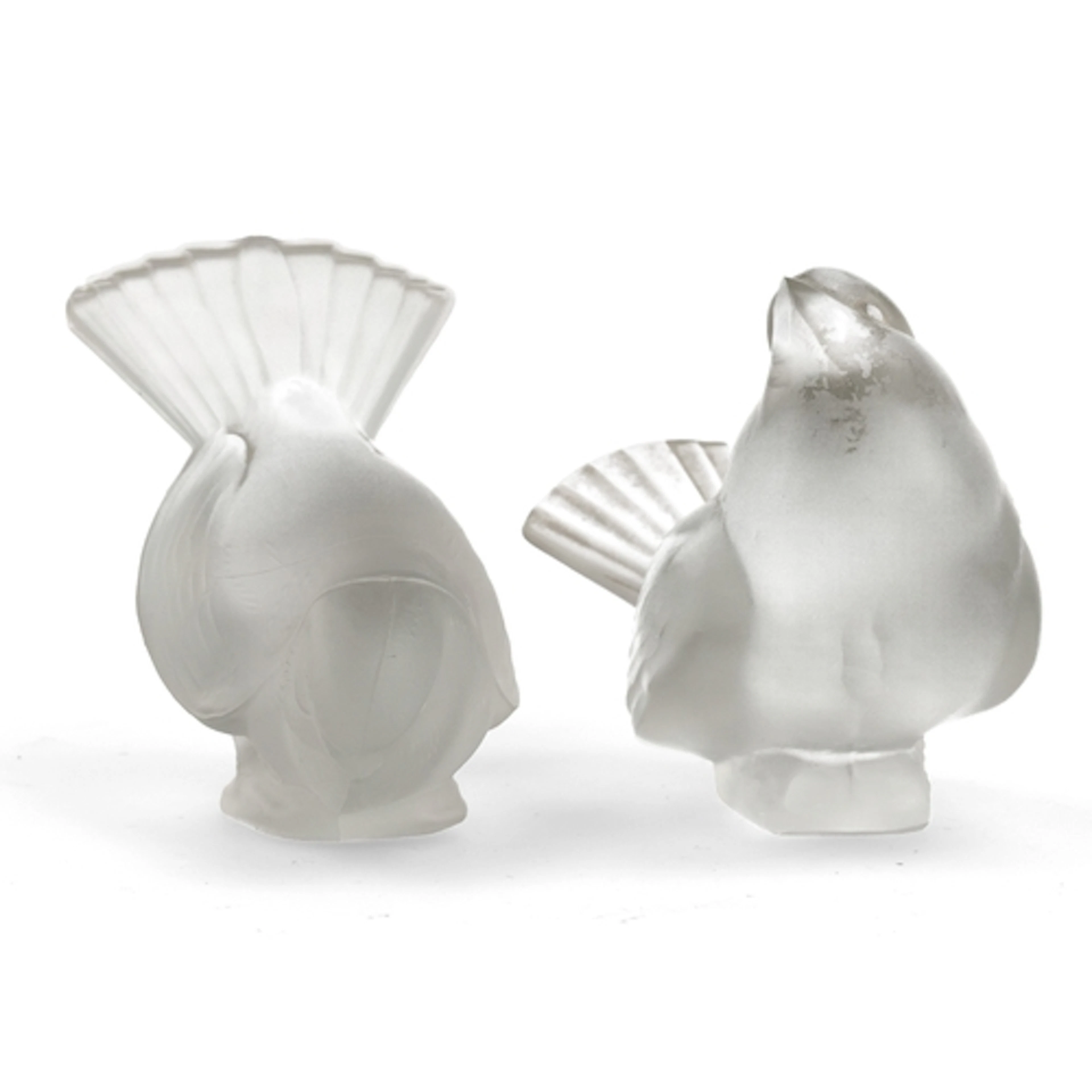 A PAIR OF LALIQUE CRYSTAL GLASS SPARROWS One etched 'Cristal...