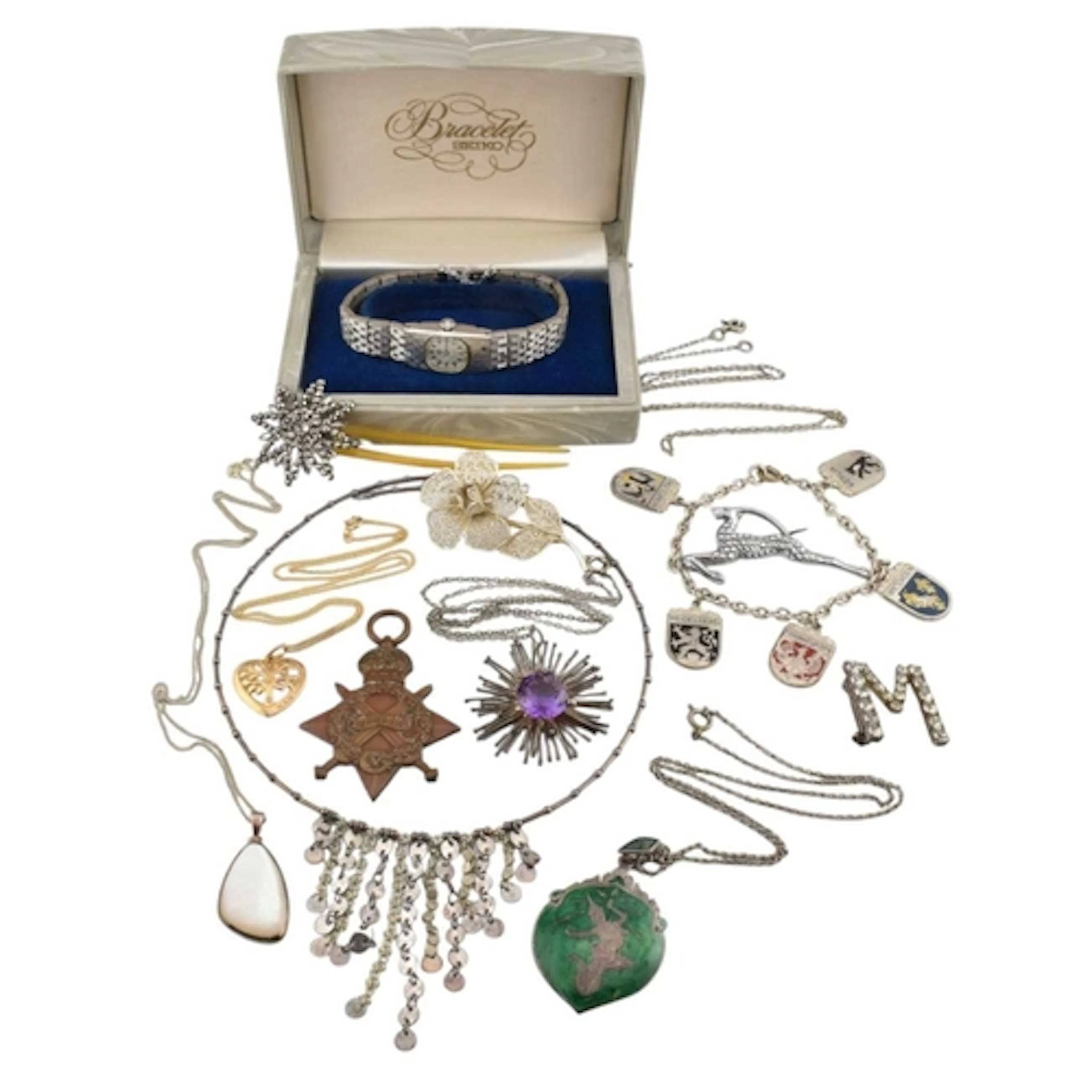 A selection of white metal costume jewellery. Twelve items t...