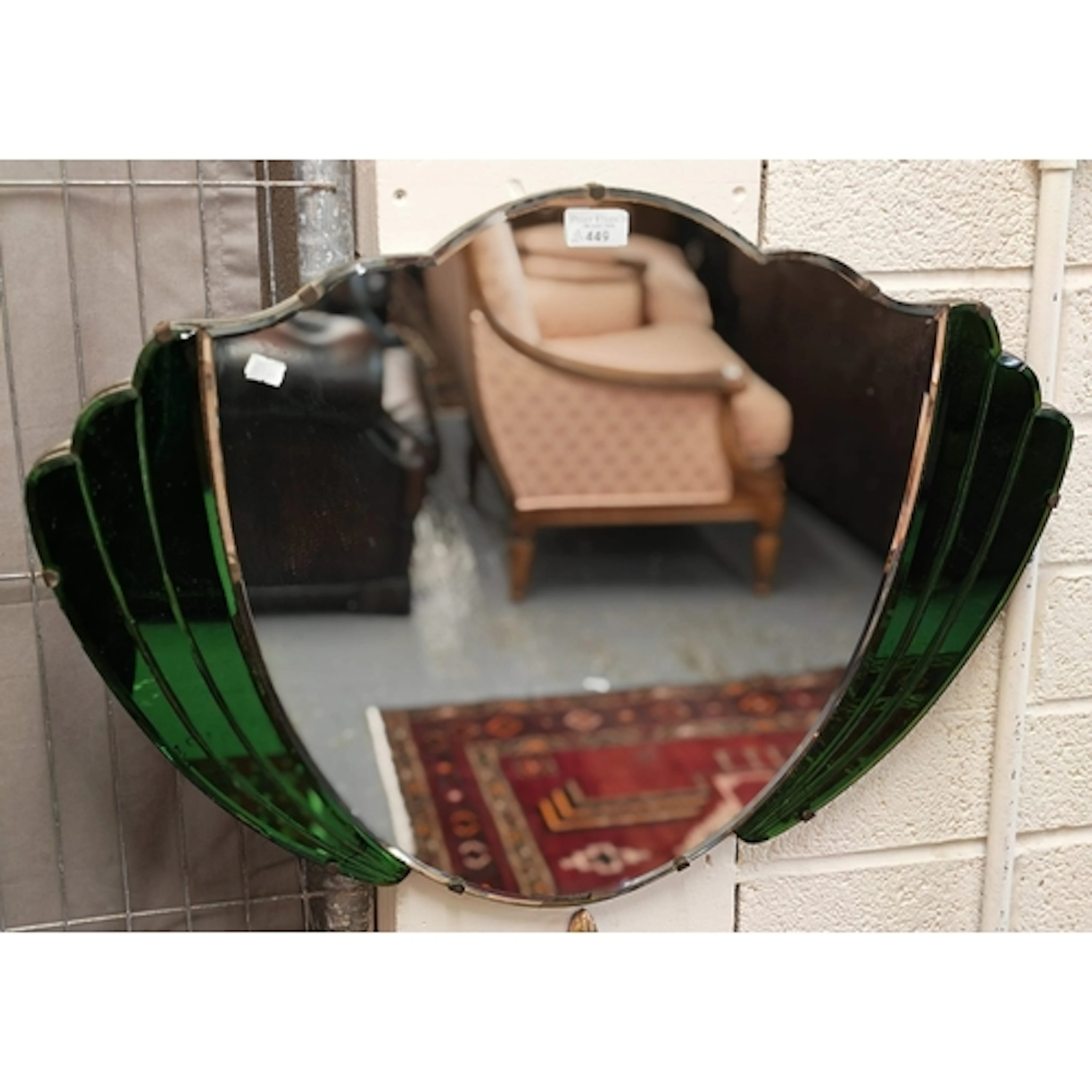 Art Deco style fan shaped frameless mirror with green glass ...