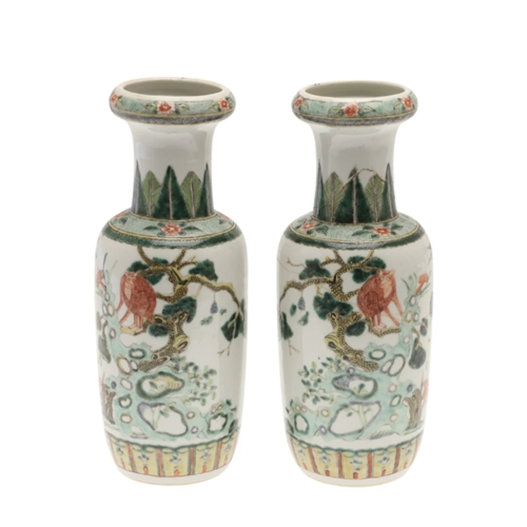 PAIR OF CHINESE FAMILLE VERTE VASES. Late 19thc, painted wit...