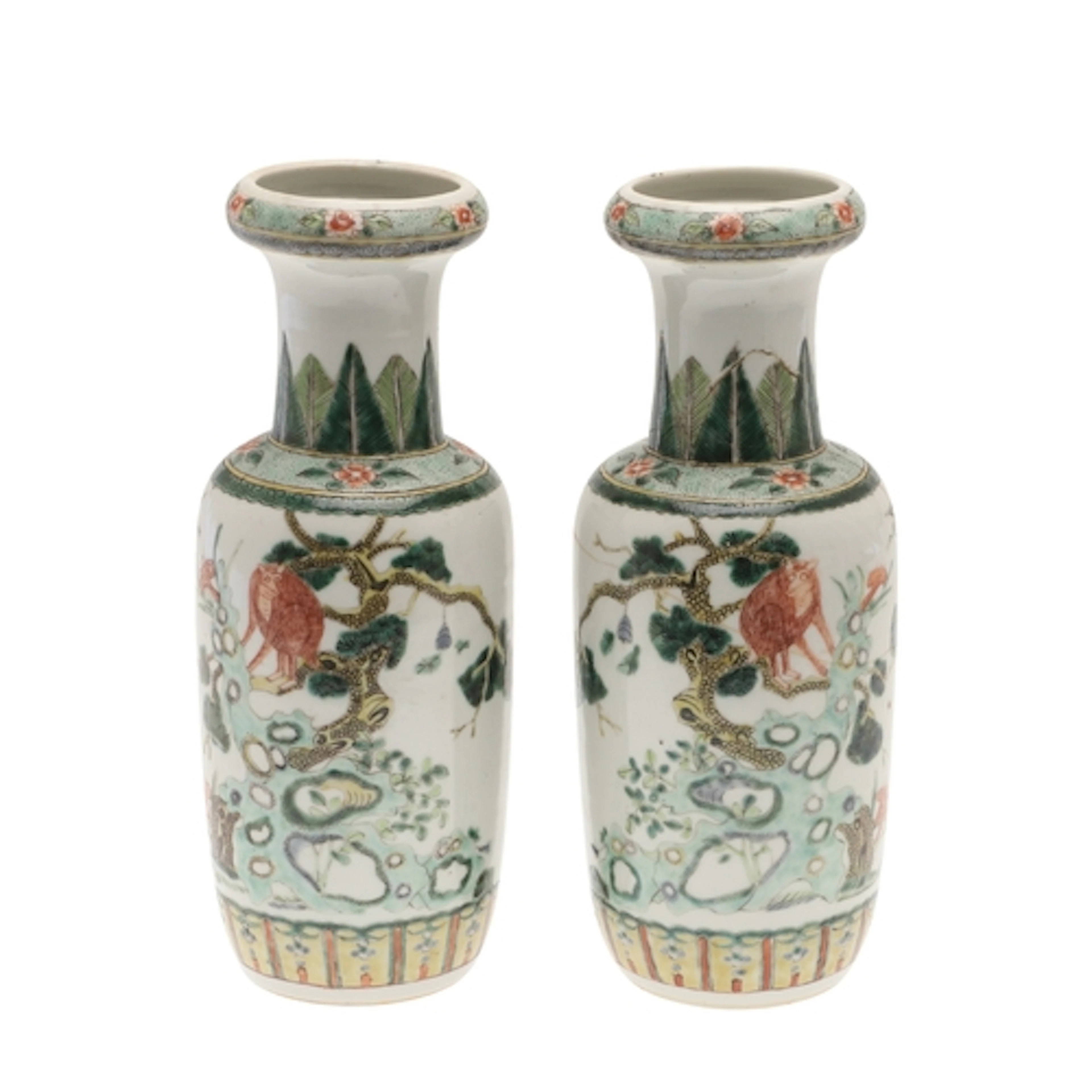 PAIR OF CHINESE FAMILLE VERTE VASES. Late 19thc, painted wit...