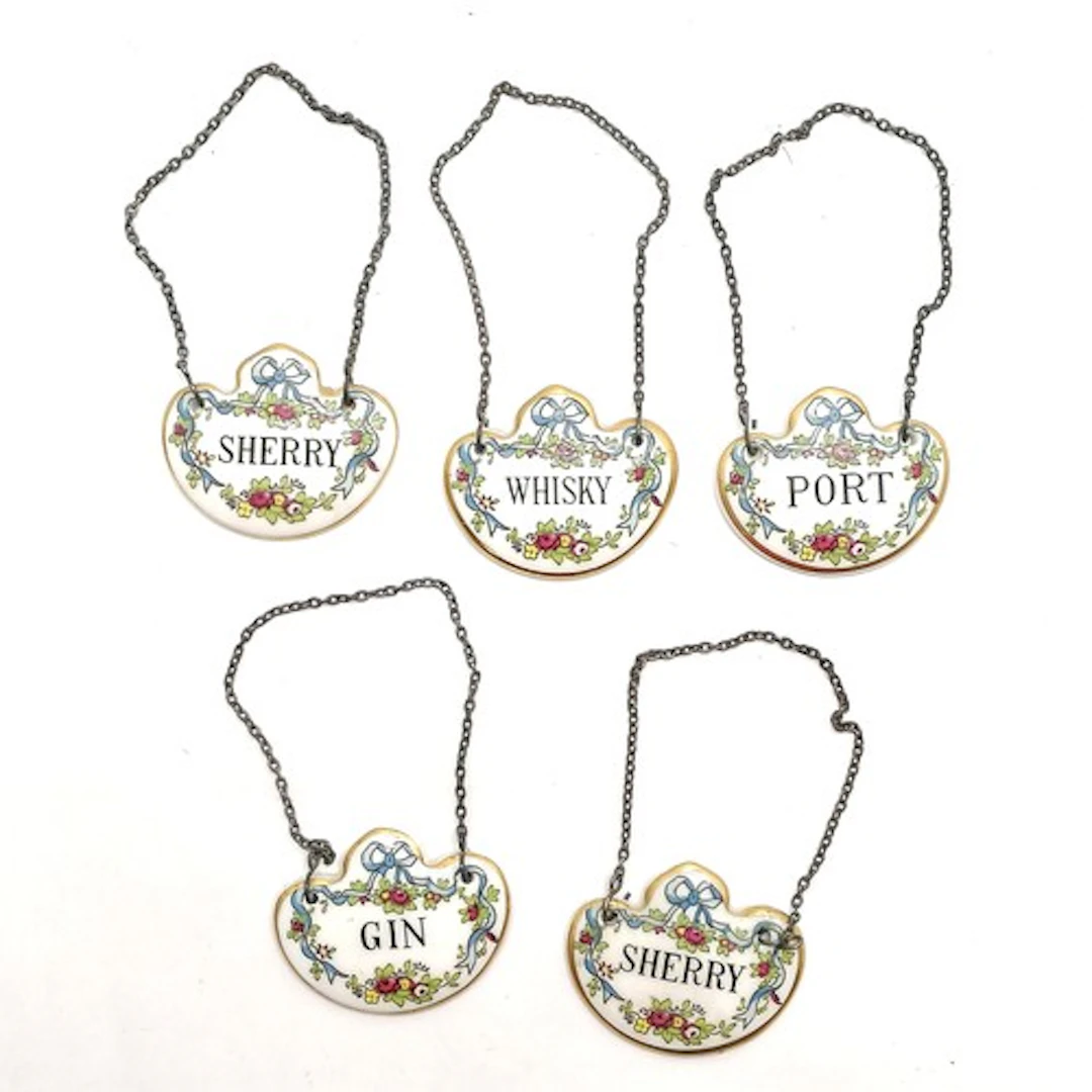 5 x Coalport decanter labels - Whisky, Gin, Port & Sherry (x...
